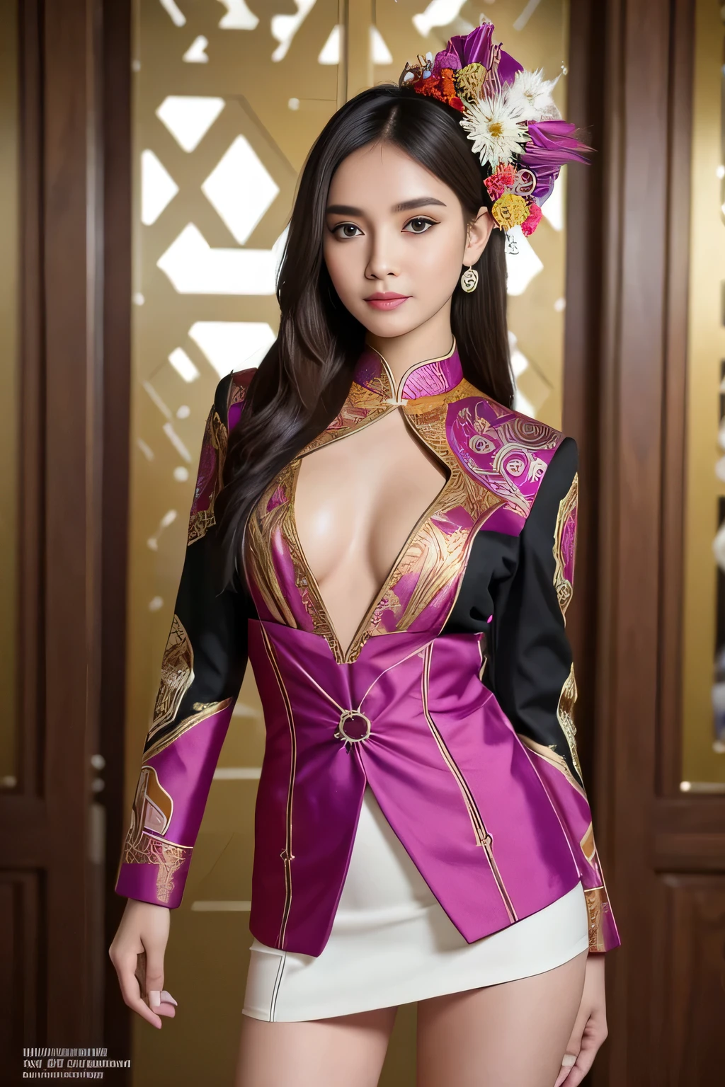 An Indonesian-styled futuristic suit worn by a girl depicting cultural fusion and modern fashion. The suit is adorned with intricate patterns and vibrant colors, showcasing the rich heritage of Indonesia. The girl stands confidently in a dynamic pose, with her detailed eyes reflecting determination and curiosity. The suit's material is a combination of traditional textiles and futuristic synthetic fabrics, giving it a unique and avant-garde appearance. The overall image quality is of the highest standard, with sharp focus and ultra-detailed rendering. The artwork employs physically-based rendering techniques, resulting in realistic lighting and shadows. The colors are vivid and vibrant, capturing the essence of Indonesian cultural aesthetics. The background features a fusion of modern architecture and traditional elements, creating a harmonious blend of the past and the future. The prompt explores the intersection of Indonesian culture, futuristic design, and the artistic representation of a confident girl.