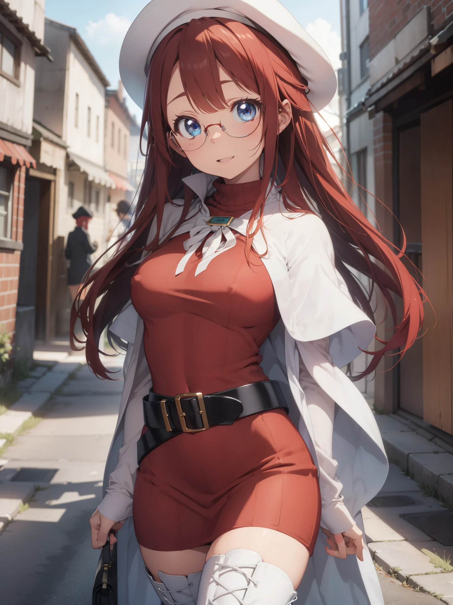 summonnightaty, aty, long hair, blue eyes, red hair, beret, hat, glasses,
BREAK long hair, thighhighs, hat, dress, boots, glasses, belt, cape, sweater, zettai ryouiki, beret, thigh boots, white footwear, ribbed sweater, loose belt,solo,
BREAK outdoors, fantasy_town,
BREAK (masterpiece:1.2), best quality, high resolution, unity 8k wallpaper, (illustration:0.8), (beautiful detailed eyes:1.6), extremely detailed face, perfect lighting, extremely detailed CG, (perfect hands, perfect anatomy),covered_nipples,covered_navel,light_smile ,walking,(half_eyes:1.2),light_open_mouth,sword,armpit,sleepy,sitting_on_the_barrel,barrel,red_sweater,