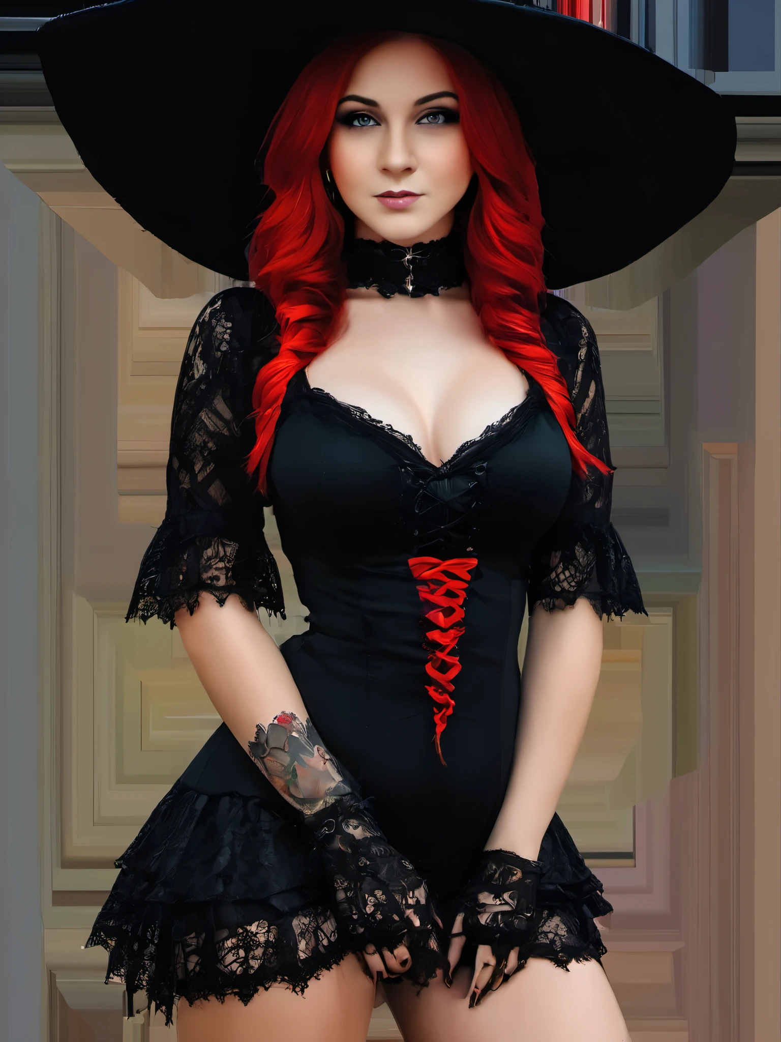 (masterpiece, best quality:1.2), 1girl, solo, Shana in a black dress, short skirt, black lace top, very sexy, hat with a red hat, a photo inspired by Chica Macnab, tumblr, gothic art, gothic outfit, fashionable dark witch, witchcore clothes, gothic!!, goth chic, fantasy outfit, gothic girl, gothic regal, imvu, gothic maiden, in a halloween style, gothic regal and tattered black, gothic dress, short skirt, black lace top, very sexy