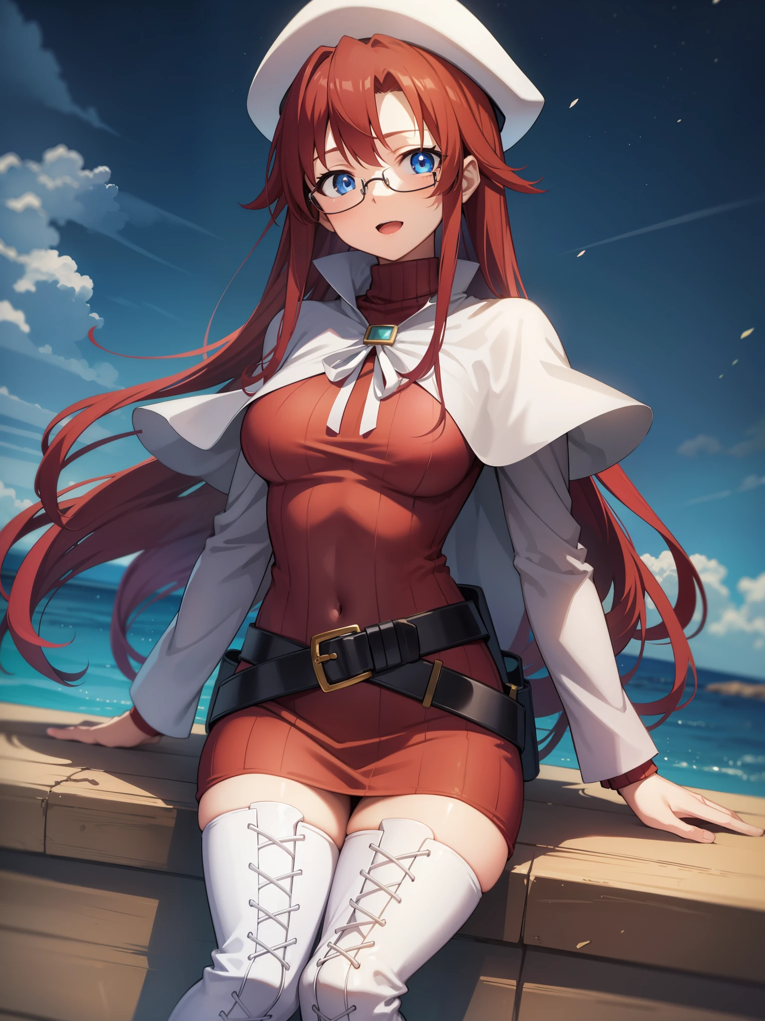 summonnightaty, aty, long hair, blue eyes, red hair, beret, hat, glasses,
BREAK long hair, thighhighs, hat, dress, boots, glasses, belt, cape, sweater, zettai ryouiki, beret, thigh boots, white footwear, ribbed sweater, loose belt,solo,
BREAK outdoors, fantasy_town,
BREAK (masterpiece:1.2), best quality, high resolution, unity 8k wallpaper, (illustration:0.8), (beautiful detailed eyes:1.6), extremely detailed face, perfect lighting, extremely detailed CG, (perfect hands, perfect anatomy),covered_nipples,covered_navel, affection_light_smile ,walking,(half_eyes:1.2),light_open_mouth,sword,armpit,sleepy,sitting_on_the_barrel,barrel,red_sweater,