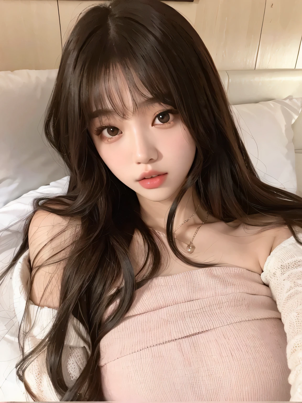 un primer plano de una mujer acostada en una cama con una almohada, Lalisa Manobal, ulzzang, hermosa joven coreana, hermosa mujer surcoreana, muchacha coreana, hermosa joven coreana, Jaeyeon Nam, joven y adorable rostro coreano, pale korean adorable face, con flequillo, pelo largo con flequillo completo, jinyoung shin, brown long hair con flequillo