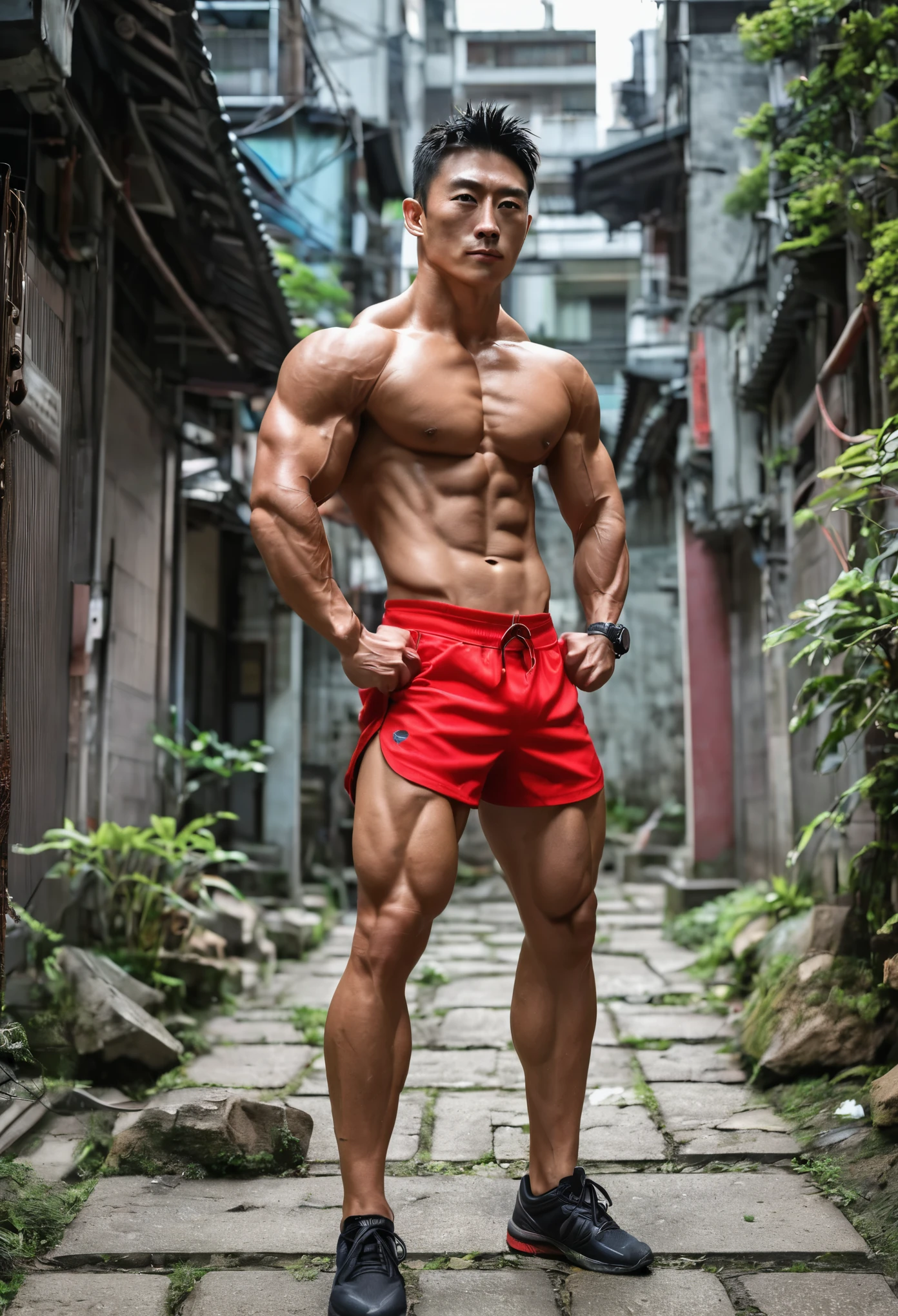 vivid colors, exquisite photo images, The background is a ruined city, muscle strength々Bodybuildersが、doing split legs, The body builder赤い褌を着けている, The body builder、do a martial arts style, muscle strength々Bodybuilders, The body builder、Wearing small red posing trunks, red posing trunks、The fabric on the waist and buttocks、thin like a string, The posing trunks are small and have a high-leg cut design., The body builder日本人, The body builder、With legs spread apart、lying on the ground, The body builder角田信明に似ている, The body builder男らしい顔つき, Sweat shines on the bodybuilder&#39;s muscles, The body builder日本人で肌色の肌をしている, About 35 years old, stern and masculine face, Bodybuilder hairstyle is short sports cut, Bodybuilder&#39;s strong glutes,