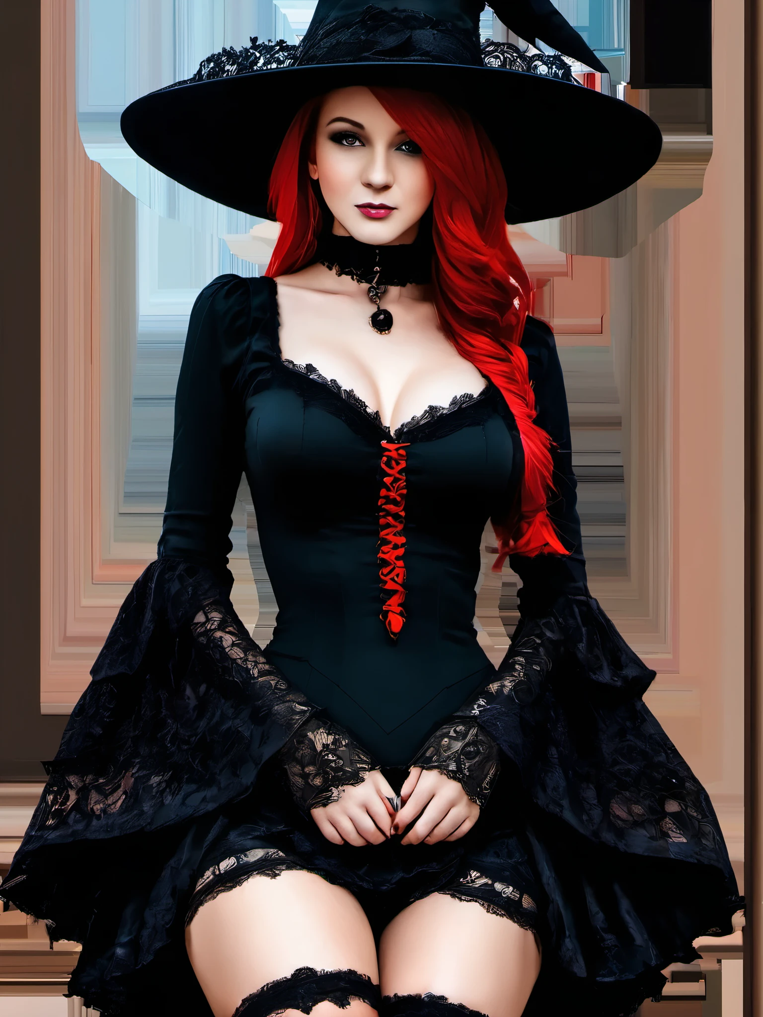 (masterpiece, best quality:1.2), 1girl, solo, Shana in a black dress, short skirt, black lace top, very sexy, hat with a red hat, a photo inspired by Chica Macnab, tumblr, gothic art, gothic outfit, fashionable dark witch, witchcore clothes, gothic!!, goth chic, fantasy outfit, gothic girl, gothic regal, imvu, gothic maiden, in a halloween style, gothic regal and tattered black, gothic dress, short skirt, black lace top, very sexy