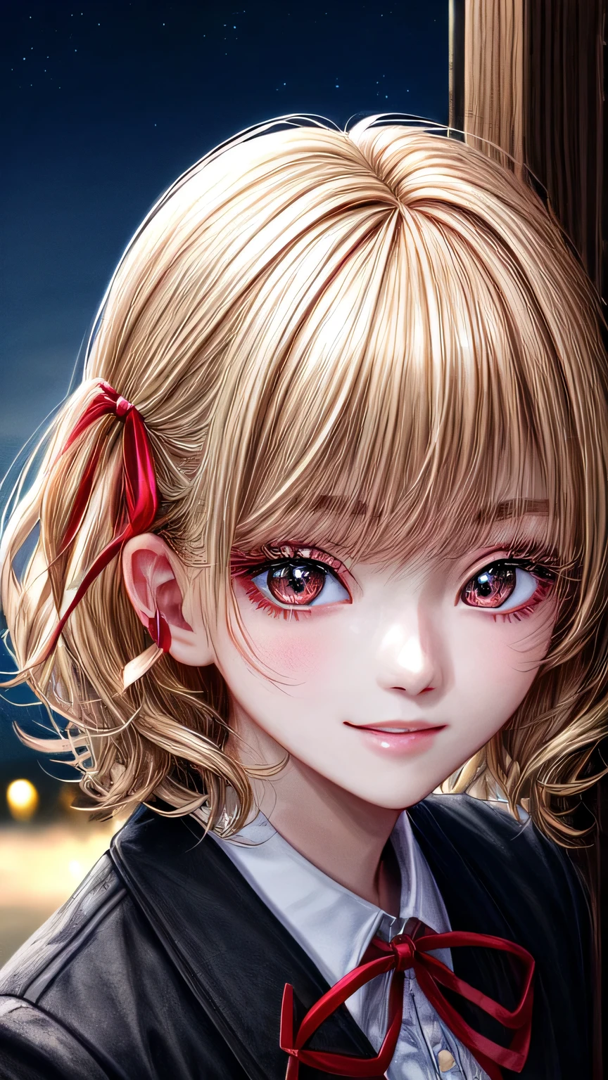 high quality, 最high quality, masterpiece, disorganized, red_Jacket, ribbon, black_eye, blonde_hair, short_hair, hair_ribbon, smile, 1 girl, torn clothes, Cloth, Dense and beautiful black eyes, beautiful detailed lips, Highly detailed eyes and face, long eyelashes, detailed face, masterpiece, 最high quality, high quality, High resolution, (moonlit night background), Click here for eye line、(((close up of face)))