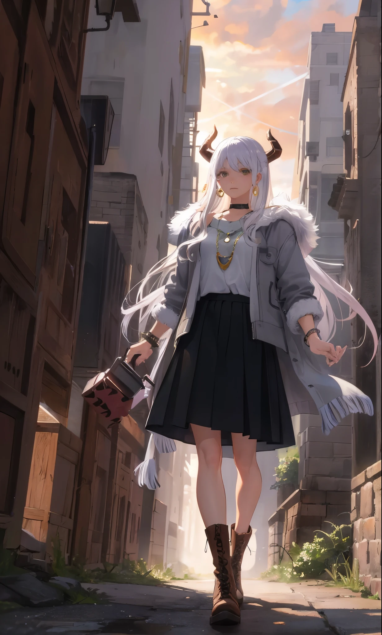 masterpiece,higher quality,high detail,ultra high resolution,8K resolution,depth of field,First-person perspective,the only person,woman,sheik,Thick eyebrows,Expressionless,purple hair,long white hair,Hoop earrings,bracelet,earrings,necklace,Iron thorns,leather skirt,fur shawl,combat boots,Facing the audience,dusk,cloudy day,meteor shower,plateau,canyon,movie lighting,Volumetric light,dusk law,bright sunshine rule