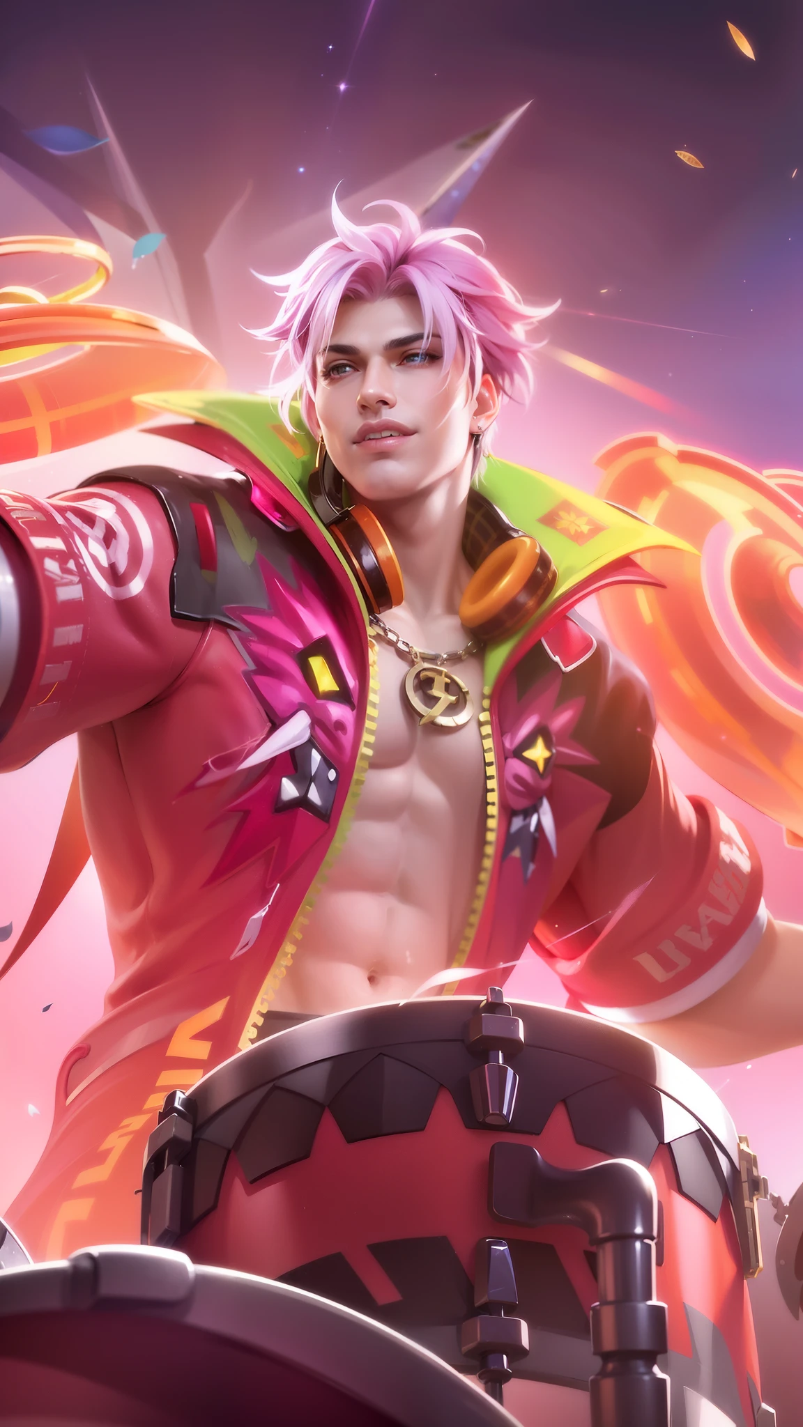 ((perfect eyes)) best quality, (semirealism:1.9), beautiful lighting, (extremely detailed CG unity 4k fhd wallpaper), High Detail, Sharp focus, dramatic outdoors, Handsome male, pink hair, short hair, detailed body, detailed hands, horns, loving, arrogant expression, blue eyes, roman nose, almond eyes, baggy T-shirt, grey shirt, blue denim jeans, giving a blue rose, cocky smirk, nightfall, starry sky, handsome, bushy brows, pointy ears, ear piercings, rings, 1 male, black coat, manly, dark skin, brown skin, charming, good quality, huge bulge in pants, headphone, smile