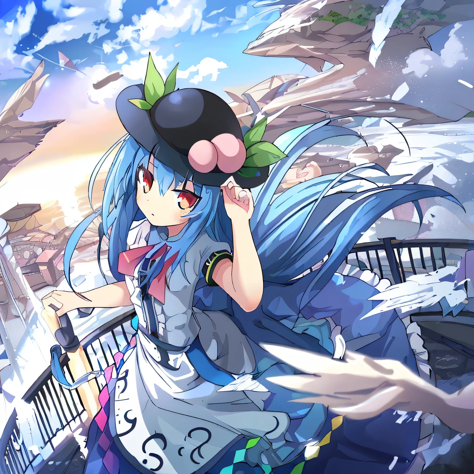 (masterpiece),best quality, expressive eyes, perfect face, 1girl,
 hands on waist,beautiful, gorgeous,anime,girl,lora,hinanawi tenshi, blue hair, blue haired, floating clothes,waist grab, grabbing waist, mains sur les hanches , hands on hips,flat chest