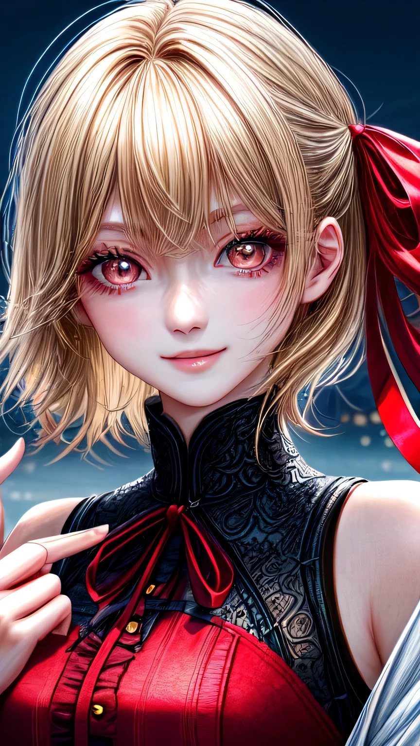 high quality, 最high quality, masterpiece, disorganized, red_Jacket, ribbon, black_eye, blonde_hair, short_hair, hair_ribbon, smile, 1 girl, torn clothes, Cloth,  Dense and beautiful black eyes, beautiful detailed lips, Highly detailed eyes and face, long eyelashes, detailed face, masterpiece, 最high quality, high quality, High resolution, (moonlit night background), Click here for eye line、(((close up of face)))