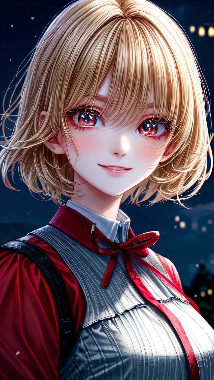 high quality, 最high quality, masterpiece, disorganized, red_Jacket, ribbon, black_eye, blonde_hair, short_hair, hair_ribbon, smile, 1 girl, torn clothes, Cloth, Dense and beautiful black eyes, beautiful detailed lips, Highly detailed eyes and face, long eyelashes, detailed face, masterpiece, 最high quality, high quality, High resolution, (moonlit night background), Click here for eye line、(((close up of face)))