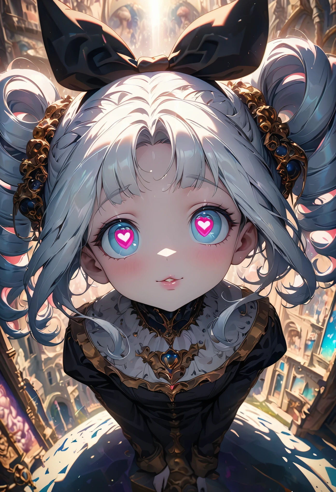 drill hair, curtained hair, hair bun, big hair, medium hair, bow hairband, heart-shaped pupils, raised eyebrows, smile, puckered lips, Surrealism, Renaissance, anime, anime style, cinematic lighting, depth of field, god rays, drop shadow, Fujicolor, first-person view, pov, Wide-Angle, anime style, Surrealism, UHD, retina, masterpiece, ccurate, textured skin, high details, highres, 16k