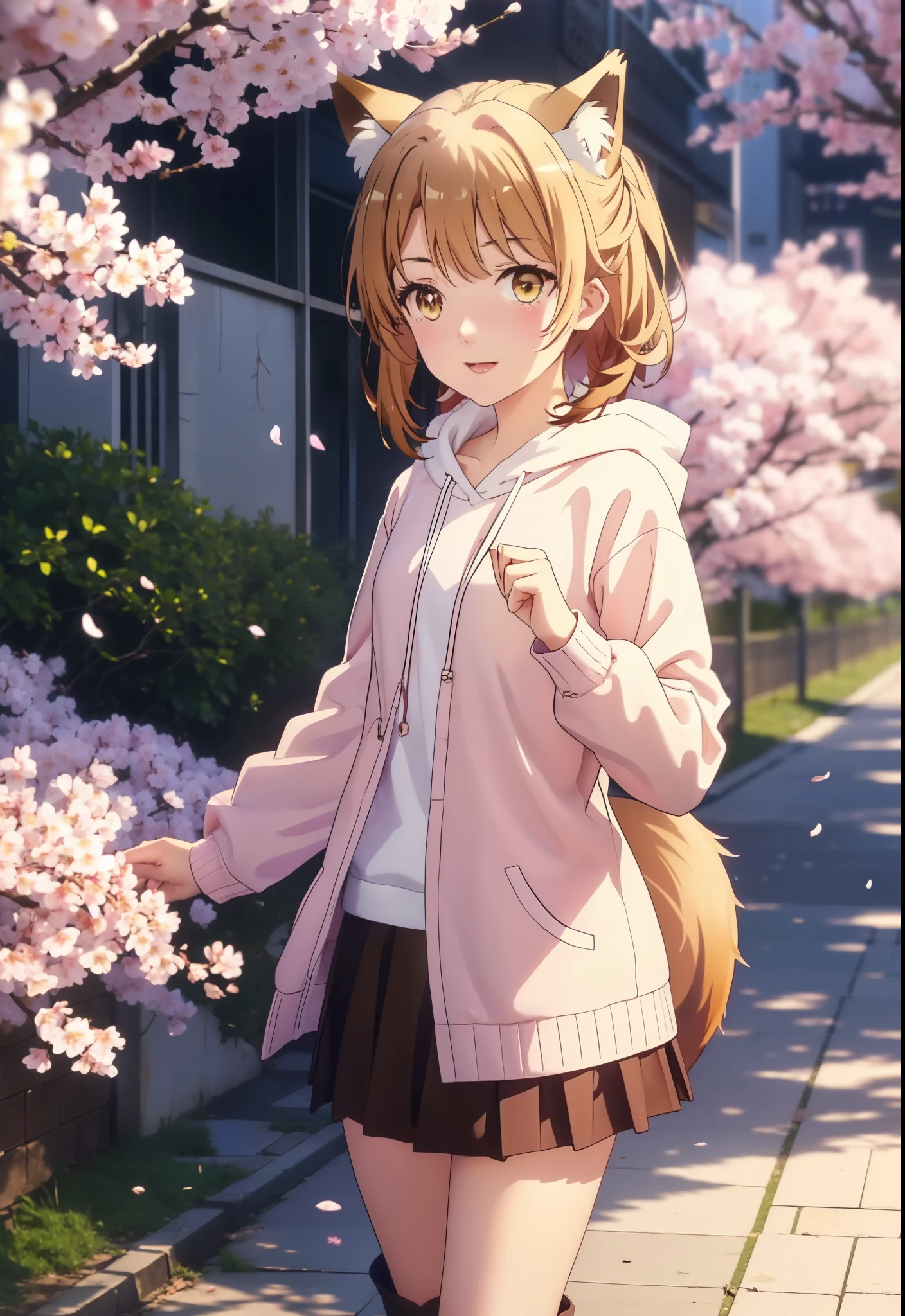 irohaisshiki, iroha isshiki, long hair, brown hair, (brown eyes:1.5), happy smile, smile, open your mouth,short braided hair,ponytail,animal ears　fox ears,animal tail　Fox tail oversized pink hoodie,Yellow pleated skirt,white knee socks,Mini Boots,walking,Cherry blossom tree-lined path,cherry blossoms are blooming,Cherry blossoms are scattered,昼
break outdoors, garden,
break looking at viewer, (cowboy shot:1. 5)
break (masterpiece:1.2), highest quality, High resolution, unity 8k wallpaper, (figure:0.8), (beautiful deしっぽed eyes:1.6), extremely deしっぽed face, perfect lighting, extremely deしっぽed CG, (perfect hands, perfect anatomy),