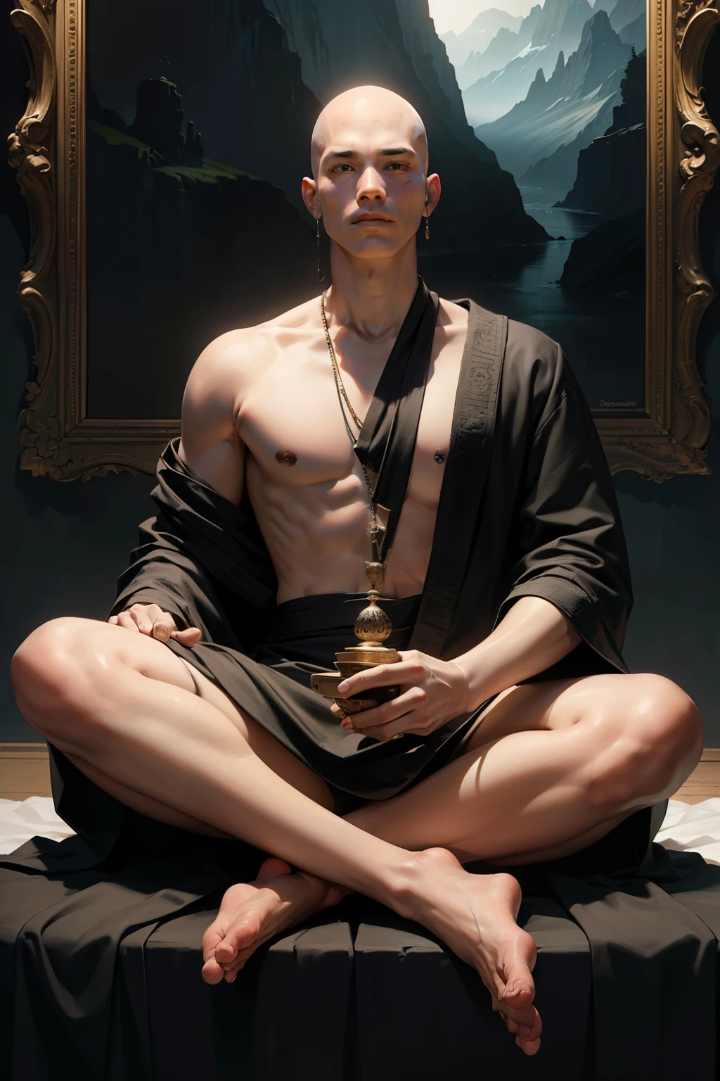 In the tranquil expanse of a landmark landscape painting, rendered in intricate black and white detail using ancient ink techniques, a monk is deeply engrossed in meditation. His serene, weathered features are delicately etched onto his face, framed by shaven head and furrowed brows. Dressed in simple, monastic attire, his robe is worn and frayed at the edges, adding to the austere ambiance of the painting. His hands, positioned neatly in his lap, are resting on a traditional meditation cushion, forming the classic mudra pose. Scenes of serene mountains, winding rivers, and tranquil forests surround the monk, the simple
