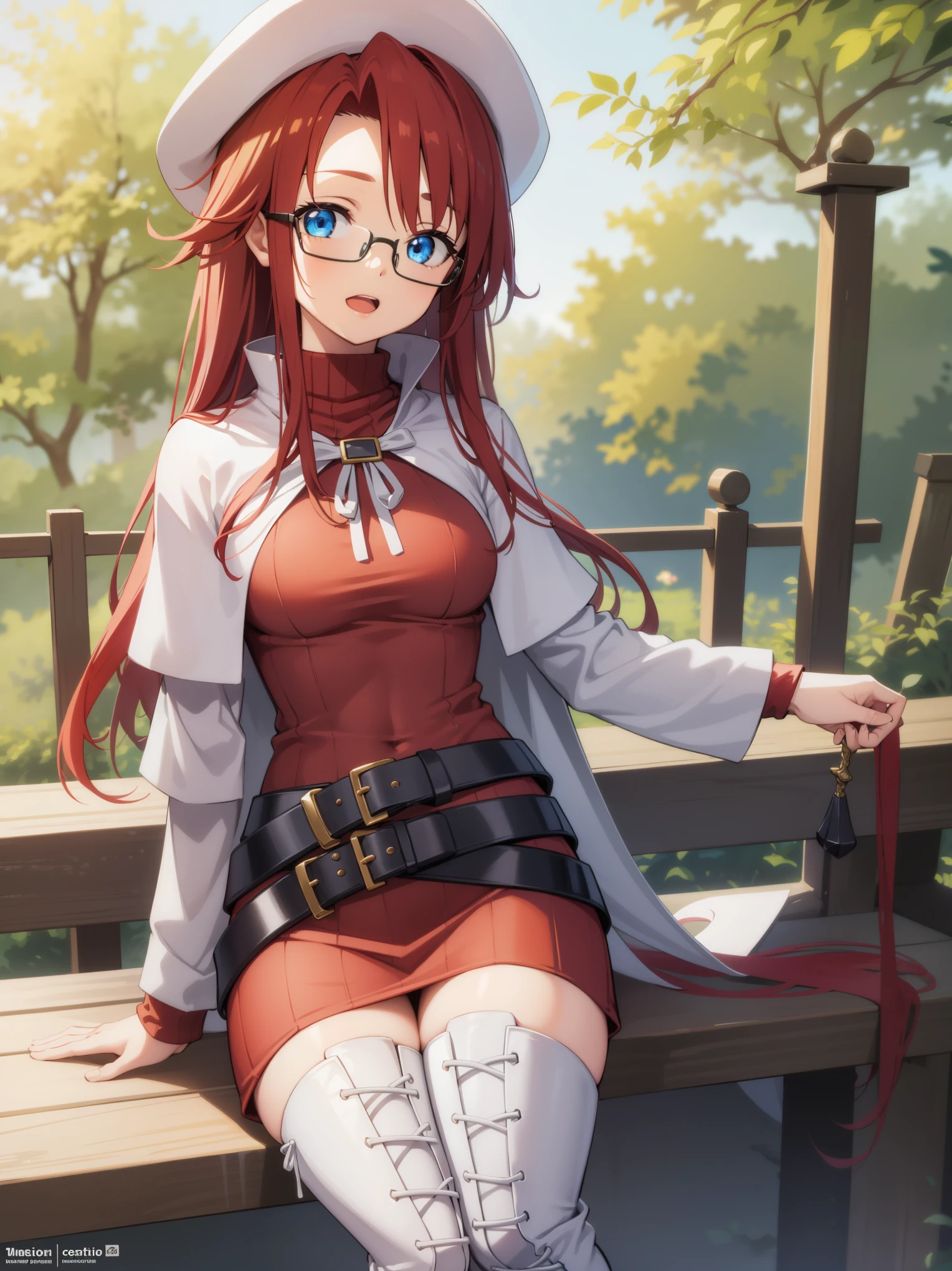 summonnightaty, aty, long hair, blue eyes, red hair, beret, hat, glasses,
BREAK long hair, thighhighs, hat, dress, boots, glasses, belt, cape, sweater, zettai ryouiki, beret, thigh boots, white footwear, ribbed sweater, loose belt,solo,
BREAK outdoors, fantasy_town,
BREAK (masterpiece:1.2), best quality, high resolution, unity 8k wallpaper, (illustration:0.8), (beautiful detailed eyes:1.6), extremely detailed face, perfect lighting, extremely detailed CG, (perfect hands, perfect anatomy),covered_nipples,covered_navel, affection_light_smile ,walking,(half_eyes:1.2),light_open_mouth,sword,armpit,sleepy,sitting_on_the_barrel,barrel,red_sweater,