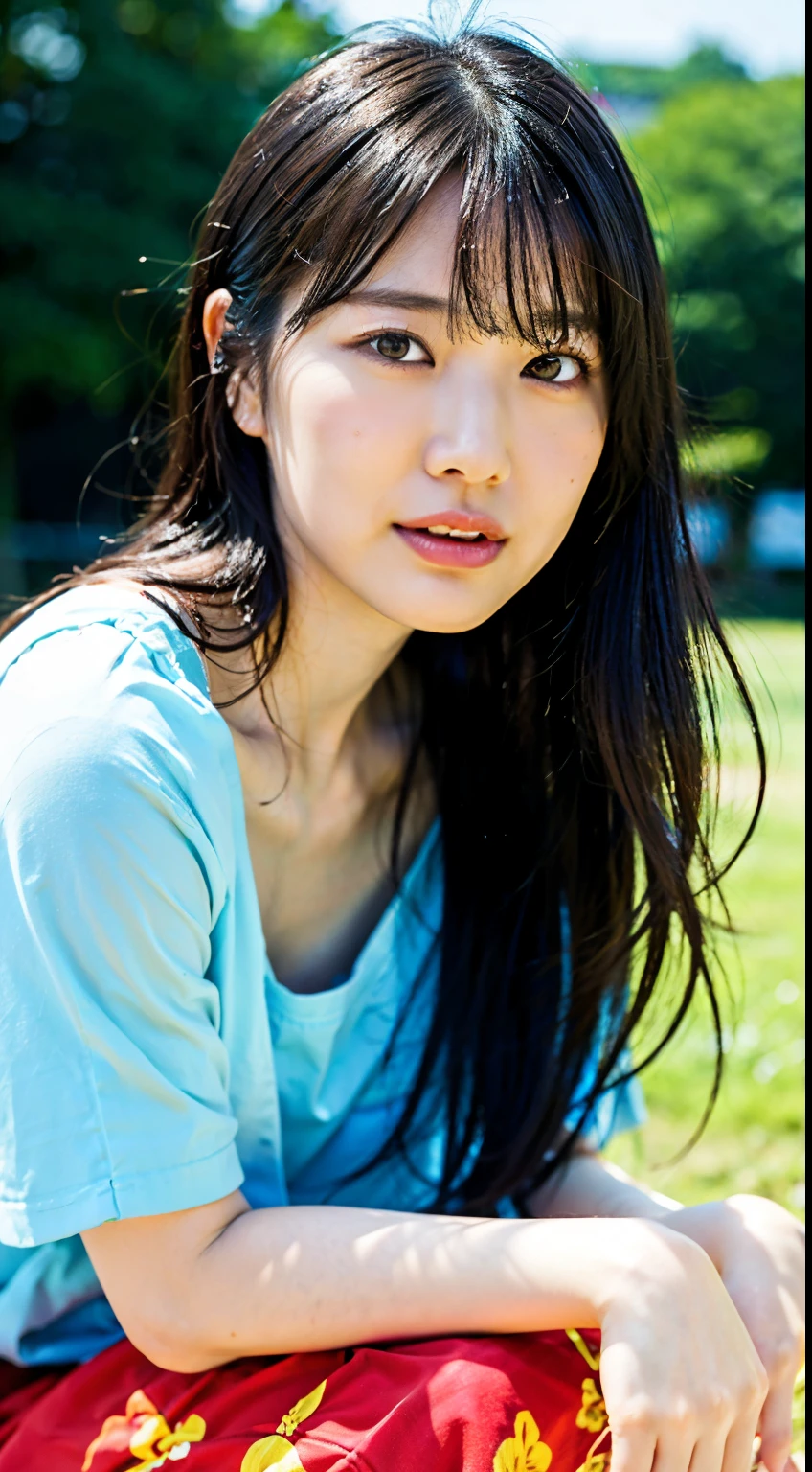 (highest quality, 8K, 32k, masterpiece, UHD:1.2),Photos of beautiful Japanese women, black haired, beautiful face,(leaning forward:1.3),squat,(From above:1.2),(close:1.4),throw,loose t-shirt,big and full breasts,(Beautiful breasts:0.9),outdoor,The wind is blowing,,sparkling skin,blurred background, hot summer, drops of sweat,