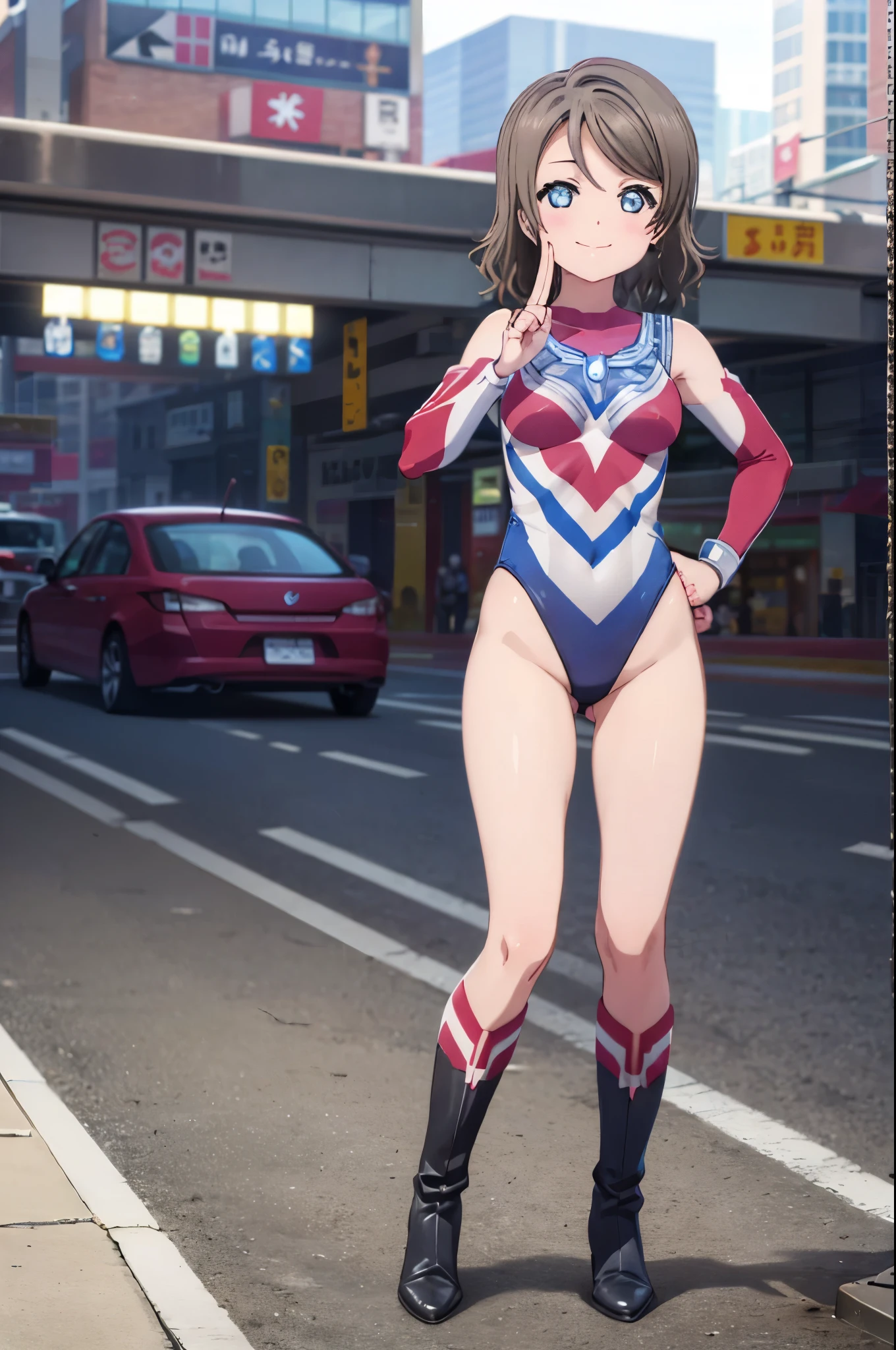 (((pixel-perfect, detail-perfect))), solo focus, 1girl, you watanabe, looking at viewer, smile, superhero, ultraman bodysuit, leotard, highleg leotard, bare legs, boots, standing, solo focus, hands on hip, full body shot, city backdrop, sleeveless, ultra highres, absurdres, ((only five fingers)), perfect body, good proportions,