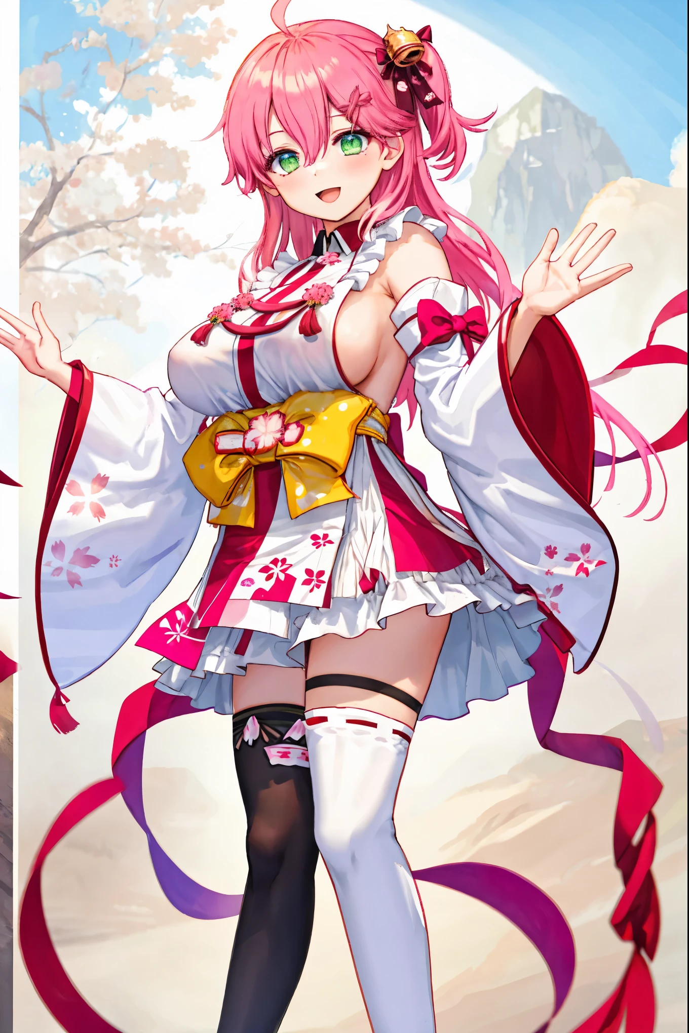 masterpiece, best quality, highres, miko1, sakura_miko, 1girl, green eyes, solo, ahoge, x_hair_ornament, pink_hair, floral print, hairclip,side_less_clothes, (sideboobs:1.4), hair_bell, floral print, long_hair, hair between eyes, one side up, white thighhighs, asymmetrical legwear, wide sleeves, open_mouth,happy,close_eyes, smile,jumping,rising_leg,plump,apart_legs,(overly_long_sleeves:1.1),(beautiful_fingers),sleeves_past_wrists,hands_hidden_sleeves,Japanese_park_background,