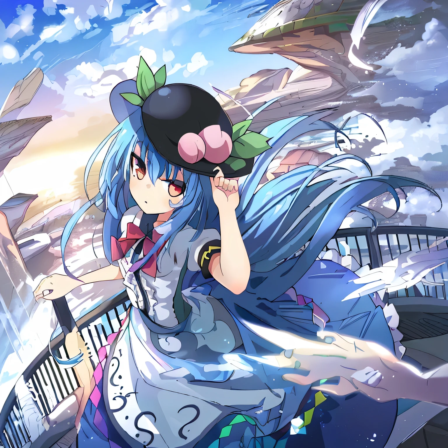 (masterpiece),best quality, expressive eyes, perfect face, 1girl,
 hands on waist,beautiful, gorgeous,anime,girl,lora,hinanawi tenshi, blue hair, blue haired, floating clothes,waist grab, grabbing waist, mains sur les hanches , hands on hips,flat chest