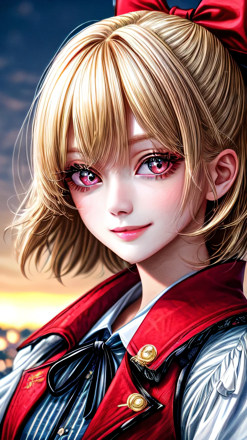 high quality, 最high quality, masterpiece, disorganized, red_Jacket, ribbon, black_eye, blonde_hair, short_hair, hair_ribbon, smile, 1 girl, torn clothes, Cloth, Dense and beautiful black eyes, beautiful detailed lips, Highly detailed eyes and face, long eyelashes, detailed face, masterpiece, 最high quality, high quality, High resolution, (moonlit night background), Click here for eye line、(((close up of face)))