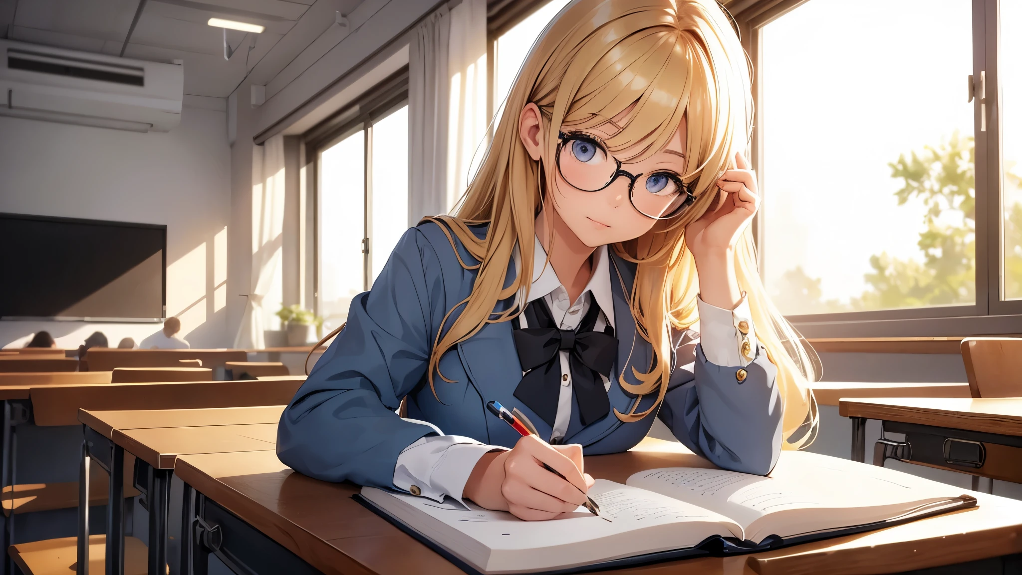 a girl in glasses, cute and adorable, with blonde hair, sitting in a classroom[masterpiece:1.2], wearing a , intelligent and focused, surrounded by classmates, notebooks, and textbooks. The classroom is well-lit with natural sunlight, creating a warm and inviting atmosphere. The girl's glasses are perfectly detailed, reflecting the light and adding a touch of sophistication to her appearance. Her hair is beautifully styled, flowing down her shoulders. The color palette of the artwork is vibrant and lively, with a mix of bright and pastel colors, highlighting the girl's youthful energy. The artwork is created in a digital medium, allowing for precise details and intricate patterns on the girl's uniform. The composition is carefully balanced, with the girl placed slightly off-center, adding a sense of dynamism to the scene. The overall image quality is of the highest standards, with sharp focus, vivid colors, and realistic textures.