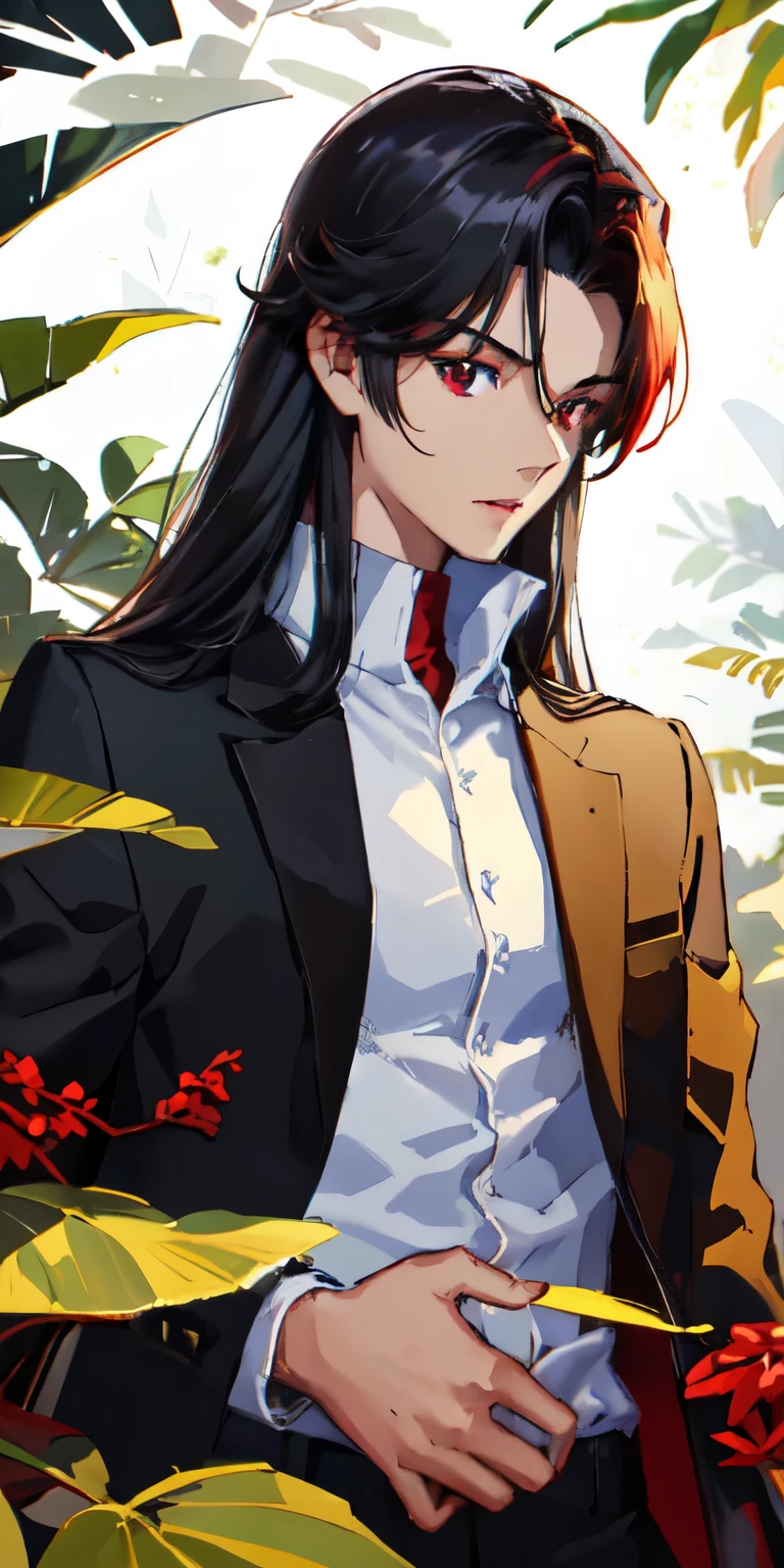 1 boy, handsome boy, black hair, long hair, shiny hair, white skin, elegant clothing, mysterious forest background, shiny, Red eyes, looking at viewer, upper body, high quality
