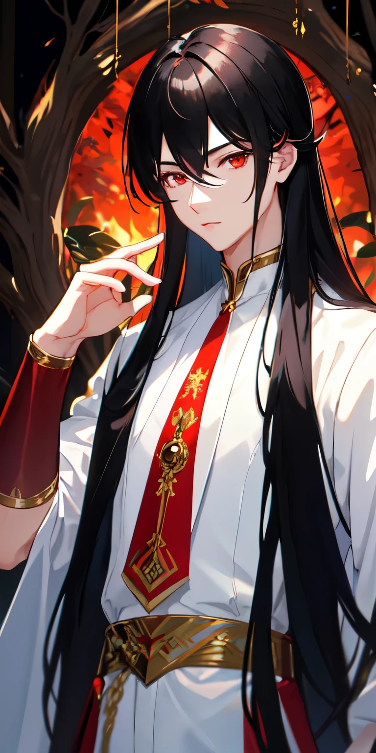 1 boy, handsome boy, black hair, long hair, shiny hair, white skin, elegant clothing, mysterious forest background, shiny, Red eyes, looking at viewer, upper body, high quality
