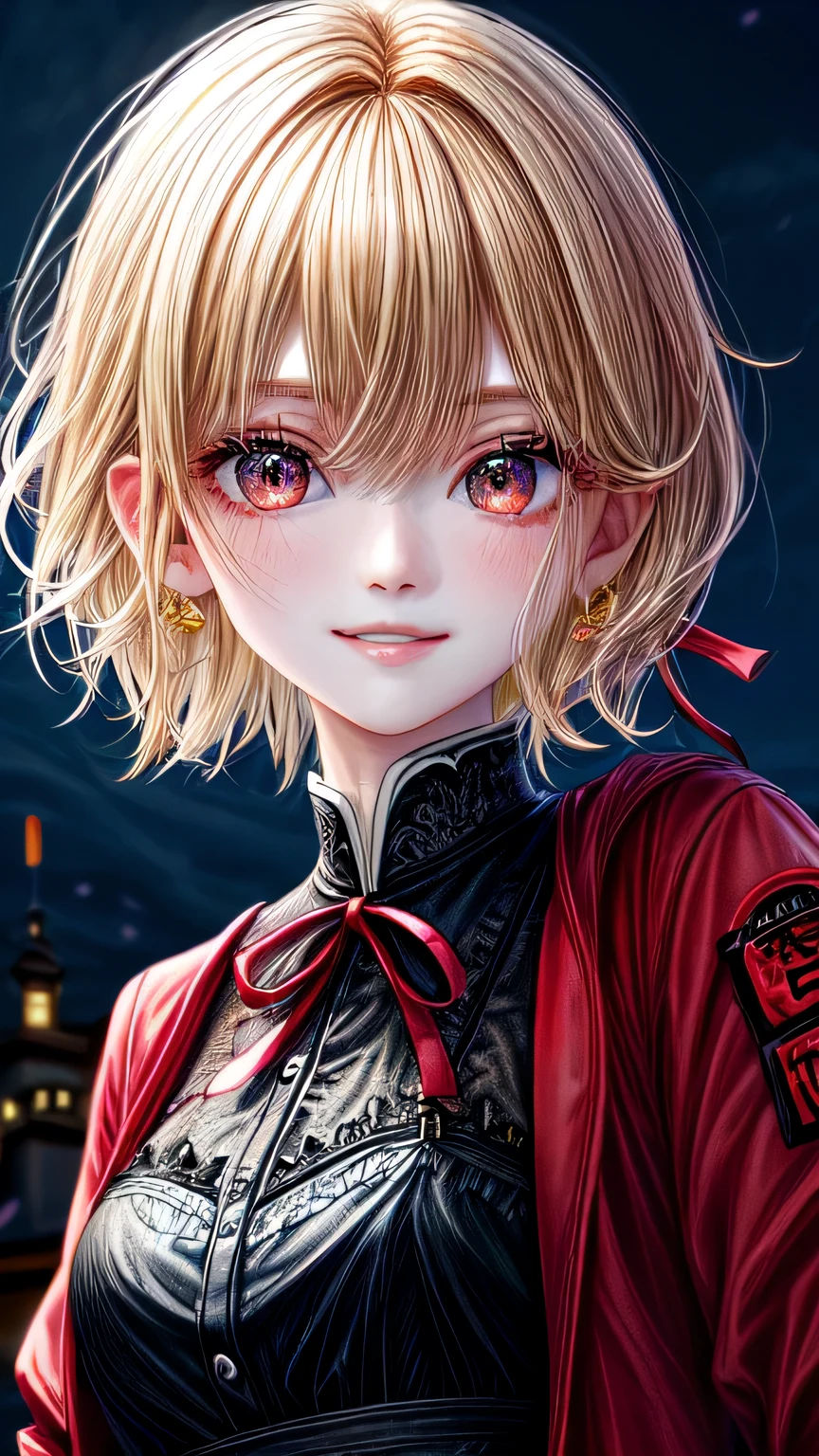 high quality, 最high quality, masterpiece, disorganized, red_Jacket, ribbon, black_eye, blonde_hair, short_hair, hair_ribbon, smile, 1 girl, torn clothes, Cloth, Dense and beautiful black eyes, beautiful detailed lips, Highly detailed eyes and face, long eyelashes, detailed face, masterpiece, 最high quality, high quality, High resolution, (moonlit night background), Click here for eye line、(((close up of face)))