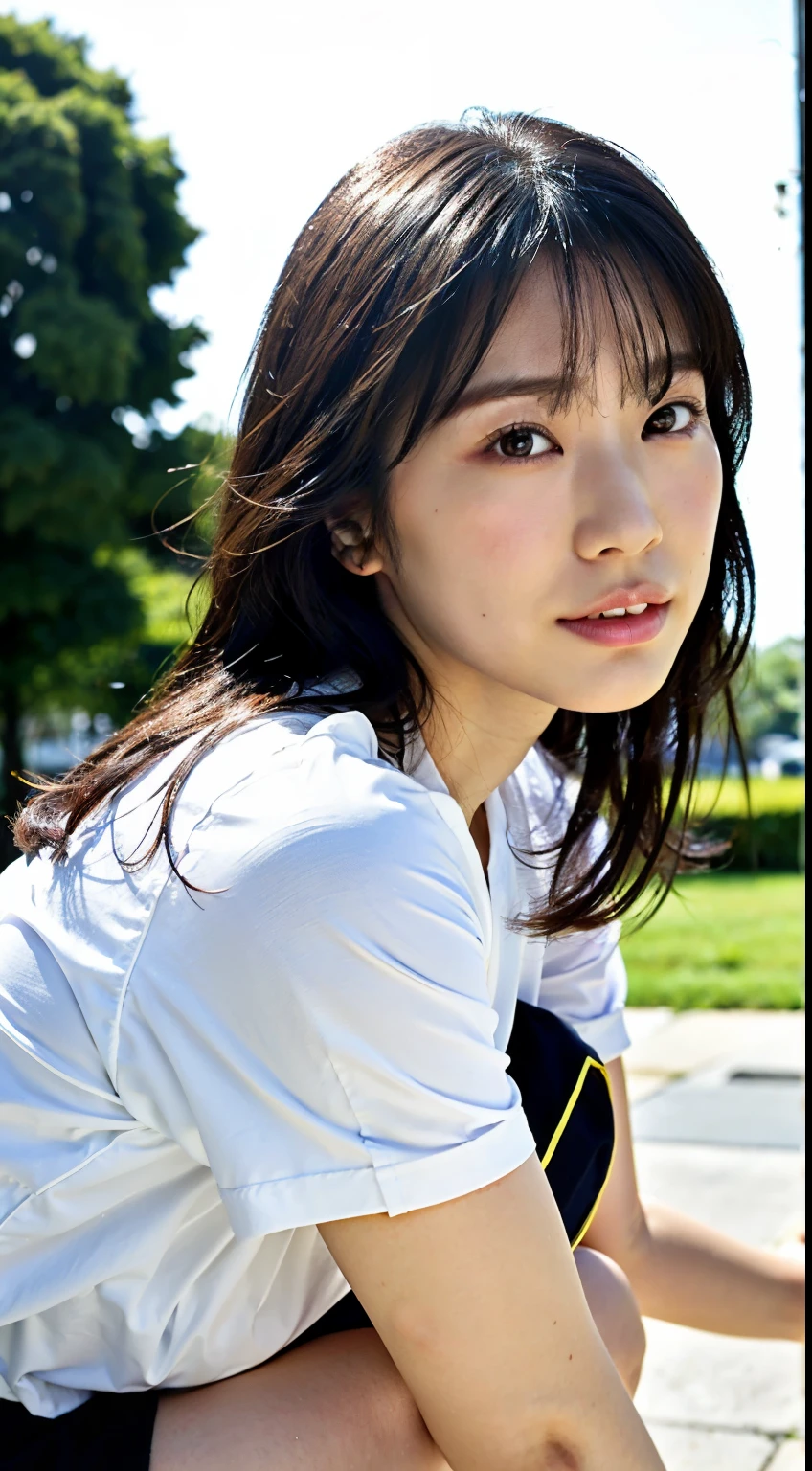 (highest quality, 8K, 32k, masterpiece, UHD:1.2),Photos of beautiful Japanese women, black haired, beautiful face,(leaning forward:1.3),squat,(From above:1.2),(close:1.4),throw,loose t-shirt,big and full breasts,(Beautiful breasts:0.9),outdoor,The wind is blowing,,sparkling skin,blurred background, hot summer, drops of sweat,