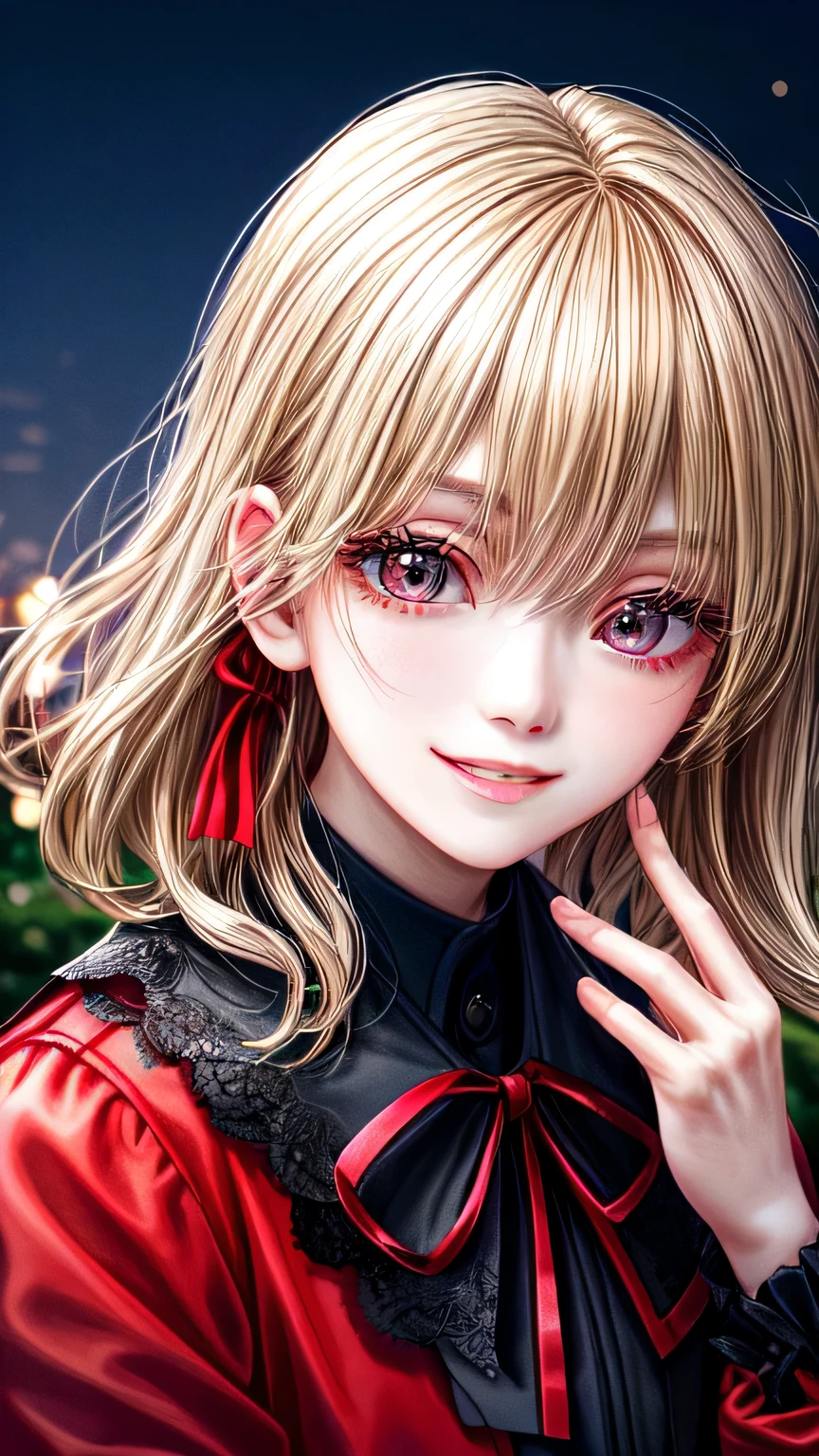 high quality, 最high quality, masterpiece, disorganized, red_Jacket, ribbon, black_eye, blonde_hair, short_hair, hair_ribbon, smile, 1 girl, torn clothes, Cloth,  Dense and beautiful black eyes, beautiful detailed lips, Highly detailed eyes and face, long eyelashes, detailed face, masterpiece, 最high quality, high quality, High resolution, (moonlit night background), Click here for eye line、(((close up of face)))