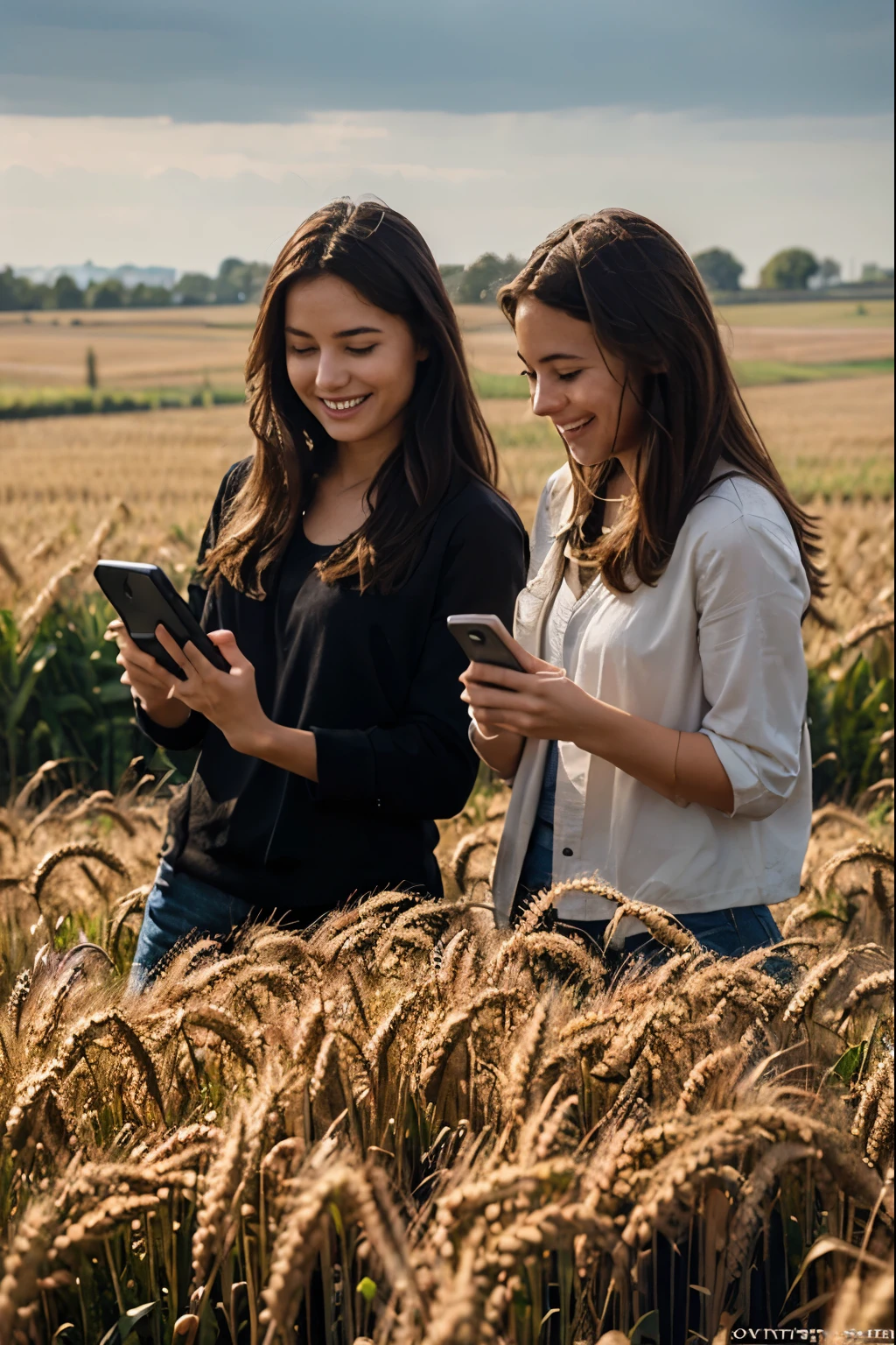 ((background : wheat field)) ((2 personnes)) ((les personnes regardent un smartphone en souriant))