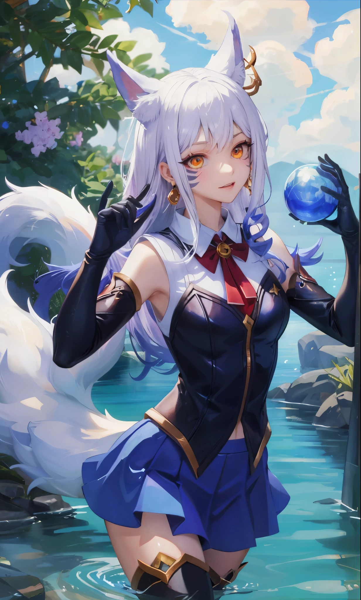 masterpiece, best quality, high resolution, More 1, crown, Sailor Senji, Blue sailor collar, bow, knee high boots, collar, White gloves, blue collar, elbow gloves, jewelry, earrings, blue skirt, Cowboy shooting, sphere, crystal ball, 1girl water yushu water,Ahri, Ahri \(League of Legends\), k/and \(League of Legends\), bloom \(League of Legends\)，Animal ears, facial markings, fox ears, fox Tail, orange eyes, multiple Tails, Tail