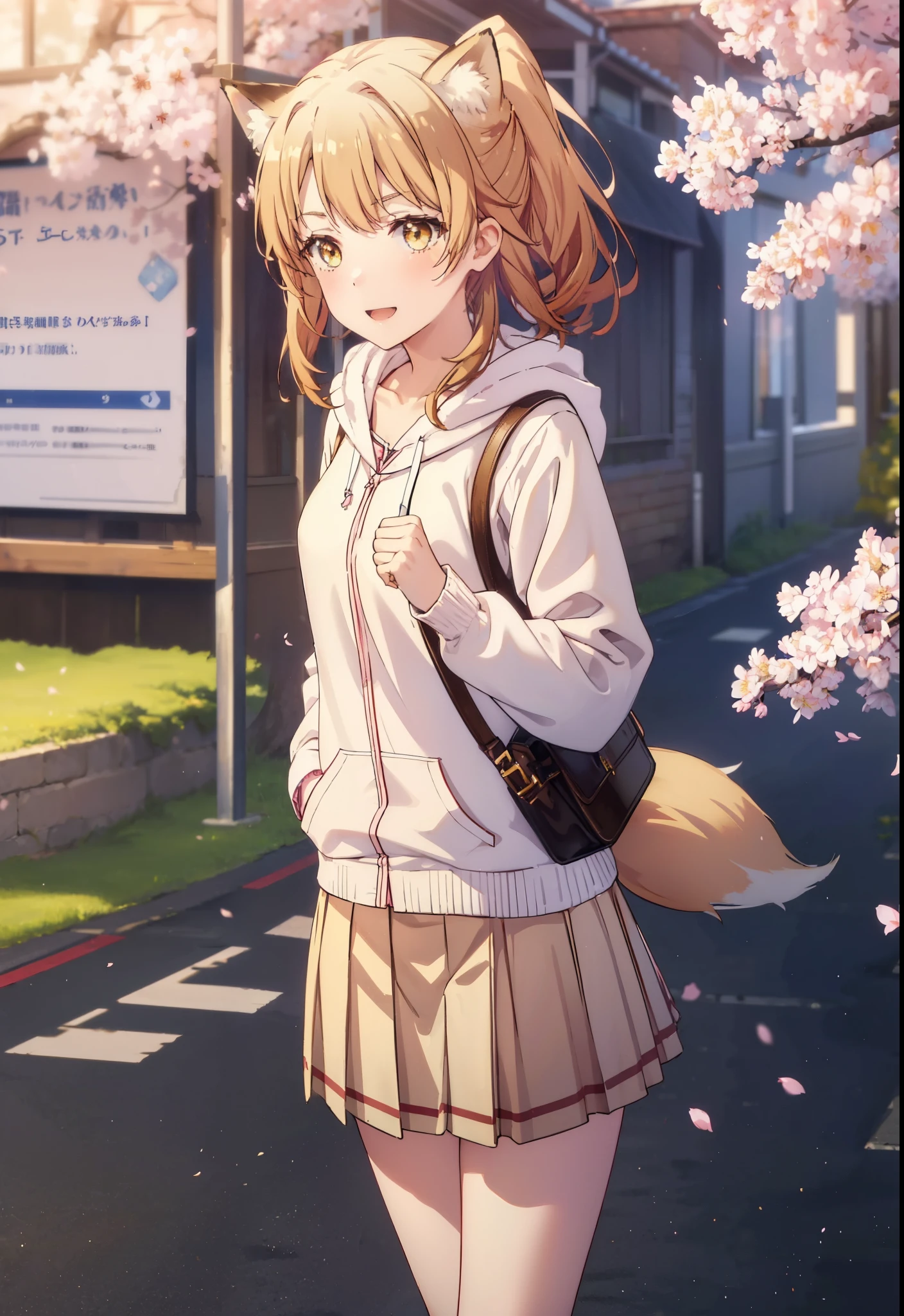 irohaisshiki, iroha isshiki, long hair, brown hair, (brown eyes:1.5), happy smile, smile, open your mouth,short braided hair,ponytail,animal ears fox ears,animal tail Fox tail oversized pink hoodie,Yellow pleated skirt,white tights,Mini Boots,walking,Cherry blossom tree-lined path,cherry blossoms are blooming,Cherry blossoms are scattered,昼
break outdoors, garden,
break looking at viewer, (cowboy shot:1. 5)
break (masterpiece:1.2), highest quality, High resolution, unity 8k wallpaper, (figure:0.8), (beautiful deしっぽed eyes:1.6), extremely deしっぽed face, perfect lighting, extremely deしっぽed CG, (perfect hands, perfect anatomy),