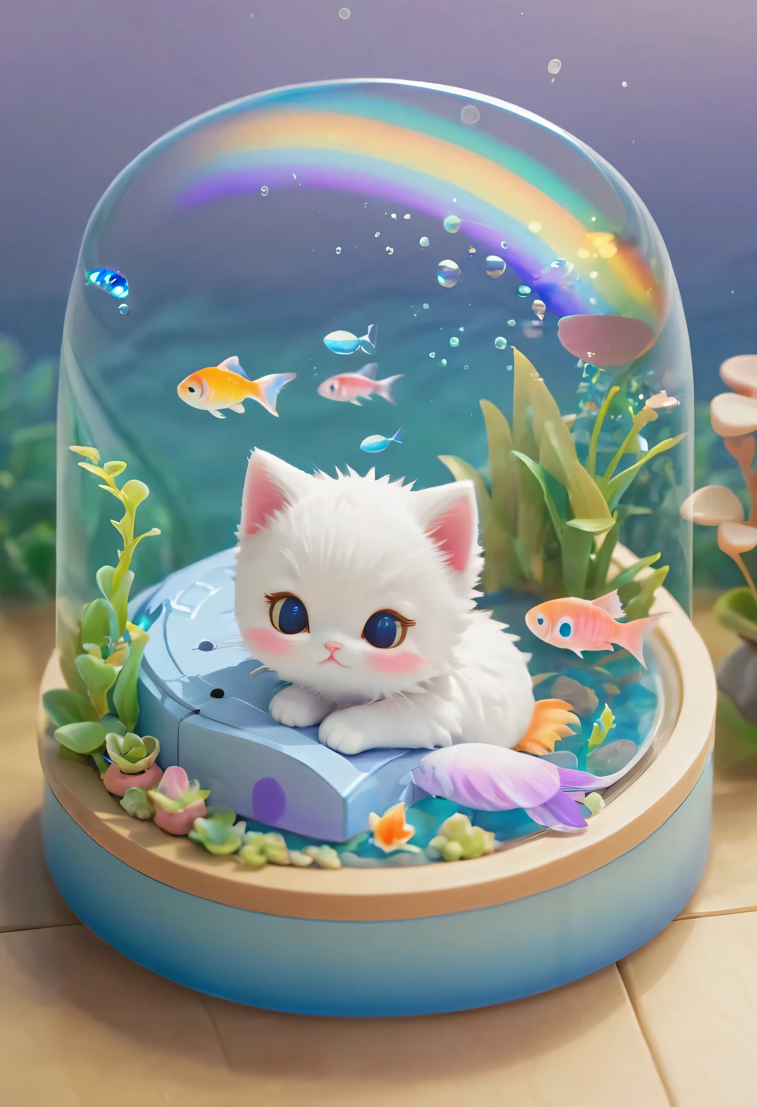 The miniature gacha kitten is sleeping peacefully and sweetly in a warm little room in a round fish tank, and the rainbow fish is swimming next to it text in"Goodnight ！Good night"