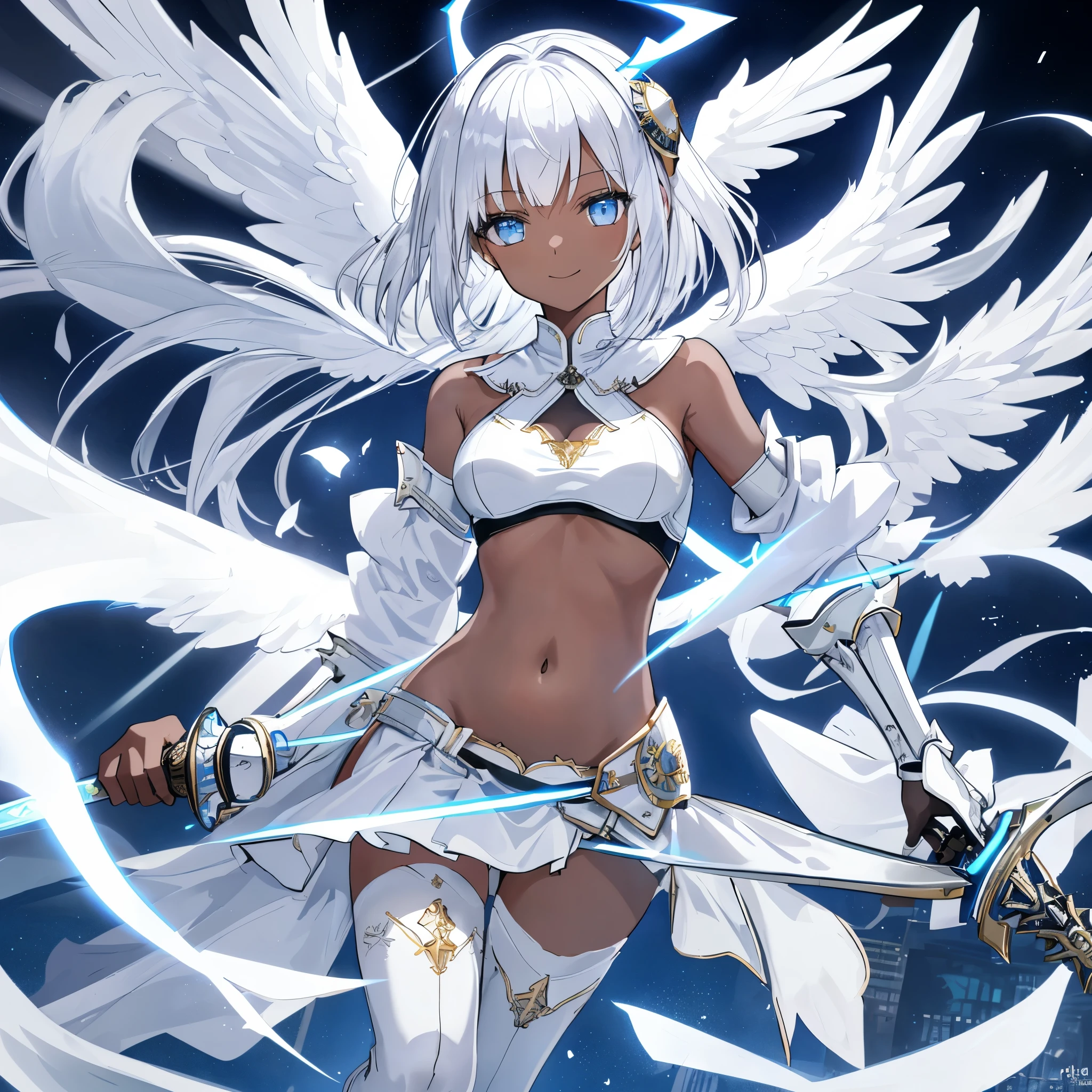 fantasy, 1angel_girl, low_teen, white_medium_bob_hair,long_bangs, (dark_skin)+, bare_shoulder, navel out, thighhighs,silver_shiny_armor, white_clothes,waist_armor, Glebe, hold_shiny_swords, medium_breasts,, dynamic_pose_fighting,Floating, (1pair_white_wings,pelvic_curtain)++, Headgear ,city_sky_background,,slightly_spread_legs, light_smile,multiple_shiny_swords_floating_around_the_girl