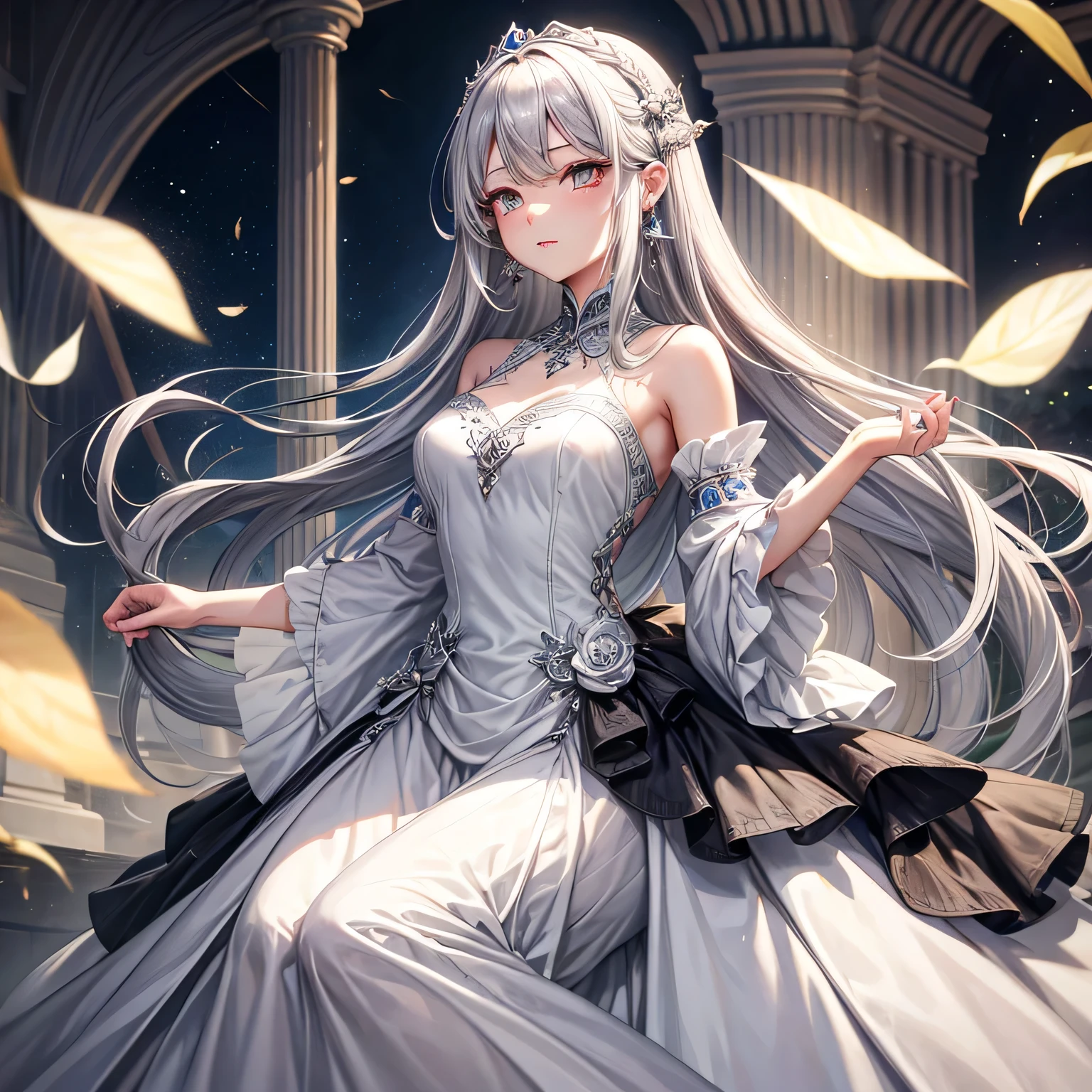 gray hair、girl、long hair、dress、face only、earrings、Lady、Western style、hair ornaments、white dress、white dress、white eyes、gem、face only、clear skin、face only