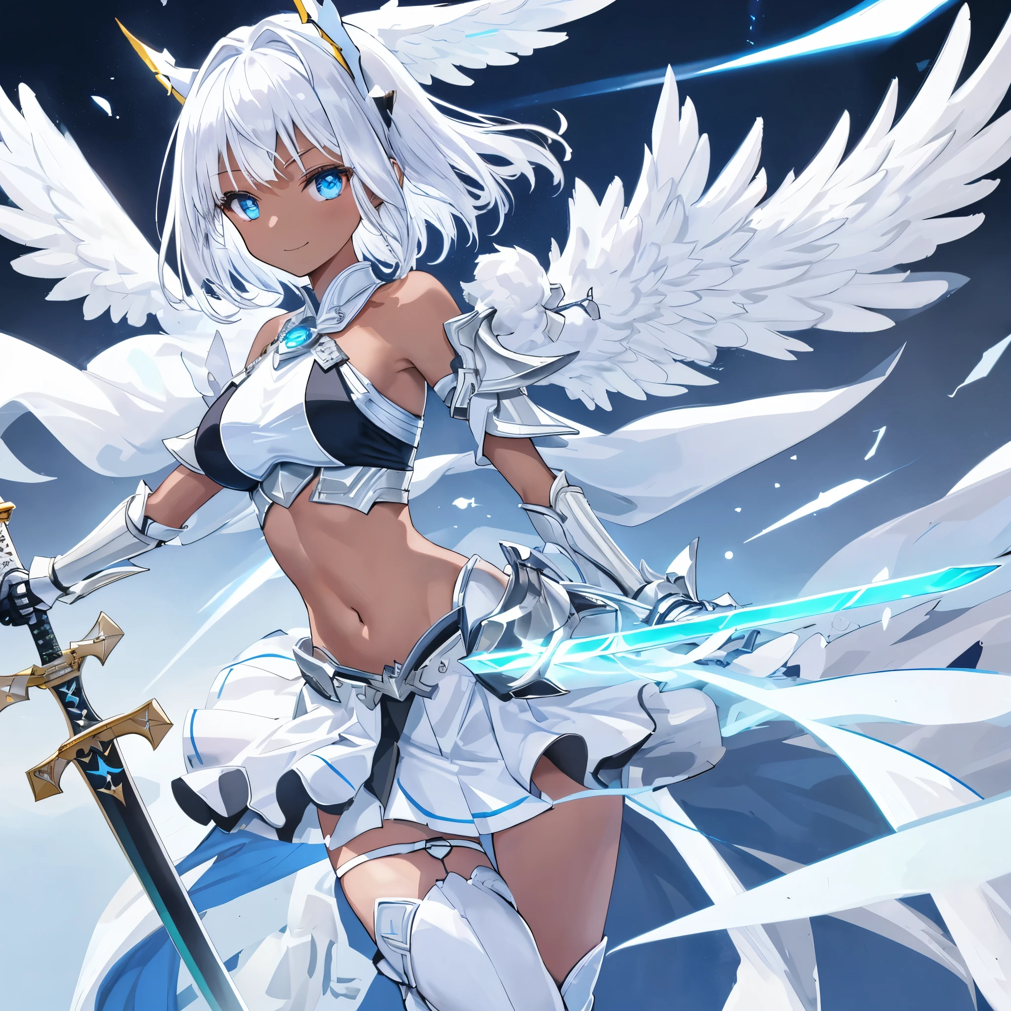 fantasy, 1angel_girl, low_teen, white_medium_bob_hair,long_bangs, (dark_skin)+, bare_shoulder, navel out, thighhighs,silver_shiny_armor, white_clothes,waist_armor, Glebe, hold_shiny_swords, medium_breasts,, dynamic_pose_fighting,Floating, (1pair_white_wings,pelvic_curtain)++, Headgear ,city_sky_background,,slightly_spread_legs, light_smile,multiple_shiny_swords_floating_around_the_girl