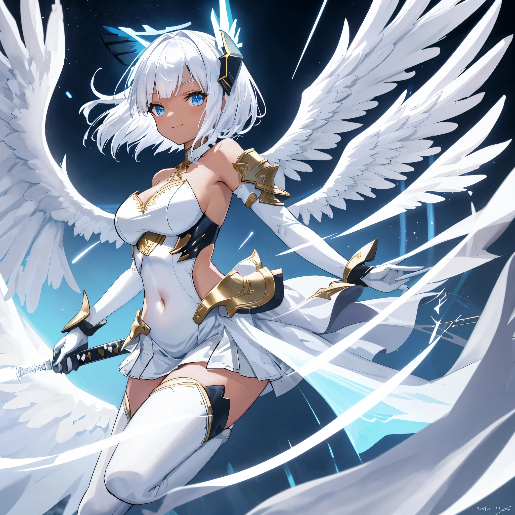 fantasy, 1angel_girl, low_teen, white_medium_bob_hair,long_bangs, (dark_skin)+, bare_shoulder, navel out, thighhighs,silver_shiny_armor, white_clothes,waist_armor, Glebe, hold_shiny_swords, medium_breasts,, dynamic_pose_fighting,Floating, (1pair_white_wings,pelvic_curtain)++, Headgear ,city_sky_background,,slightly_spread_legs, light_smile,multiple_shiny_swords_floating_around_the_girl
