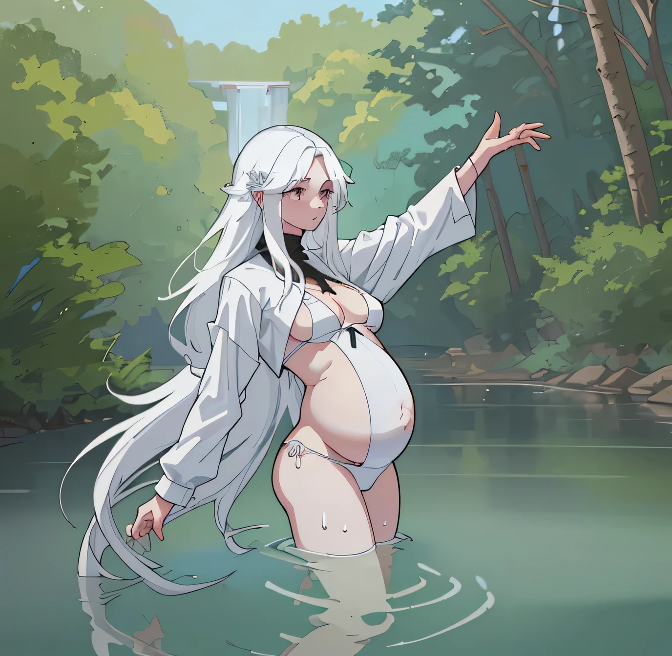 A pregnant boy with long white hair and breasts bathing in a river 