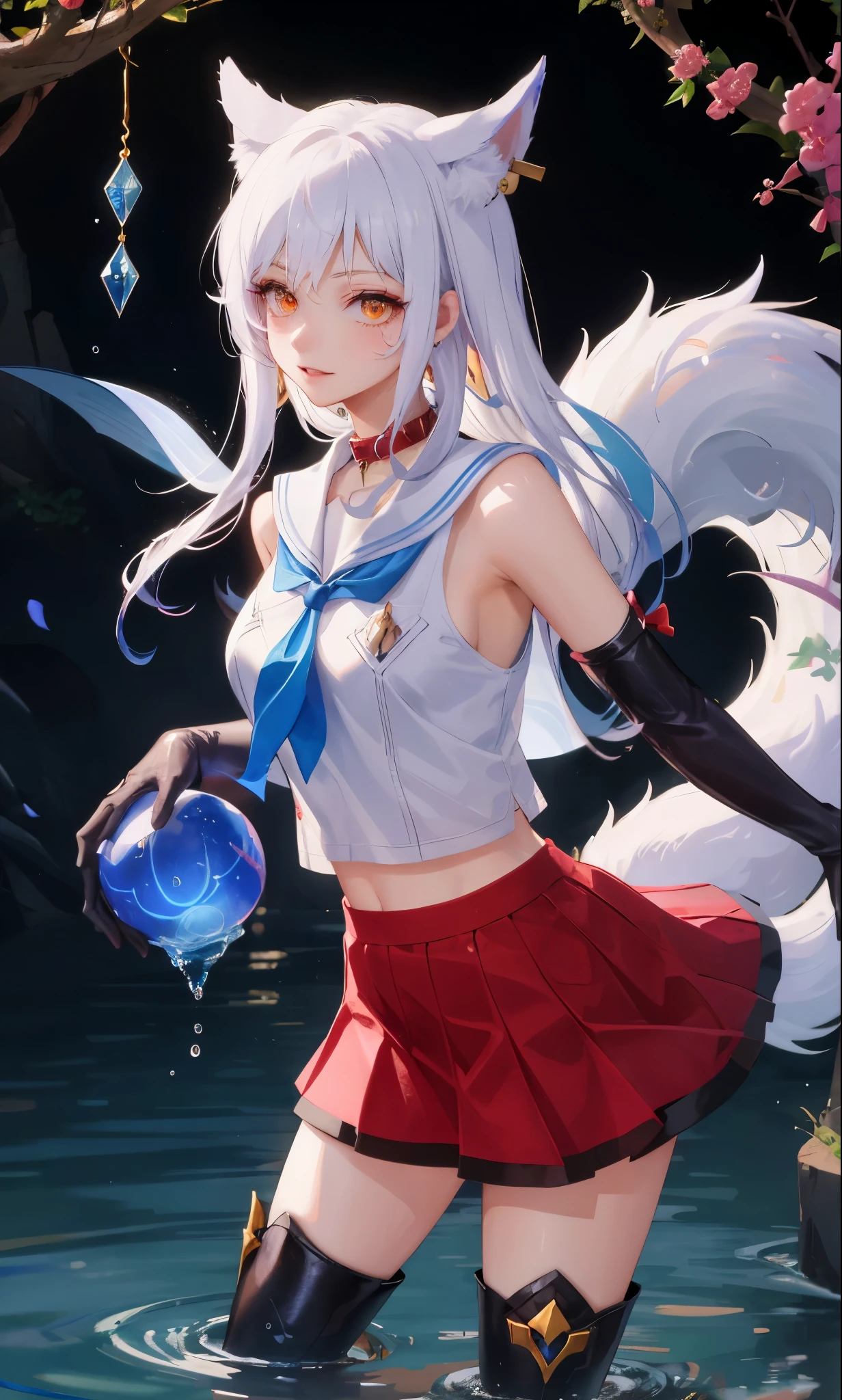 masterpiece, best quality, high resolution, More 1, crown, Sailor Senji, Blue sailor collar, bow, knee high boots, collar, White gloves, blue collar, elbow gloves, jewelry, earrings, blue skirt, Cowboy shooting, sphere, crystal ball, 1girl water yushu water,Ahri, Ahri \(League of Legends\), k/and \(League of Legends\), bloom \(League of Legends\)，Animal ears, facial markings, fox ears, fox Tail, orange eyes, multiple Tails, Tail