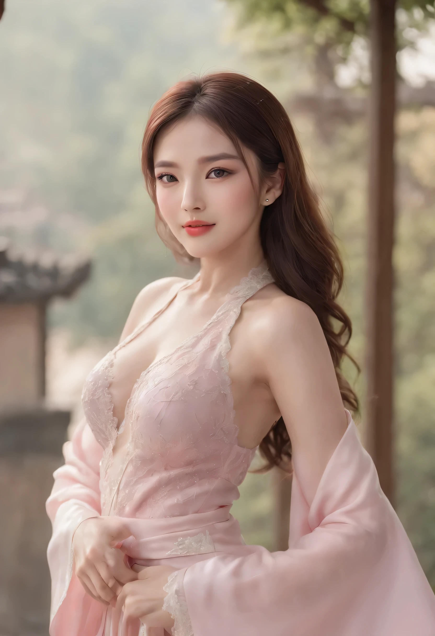 ((Top Quality, 8K, Masterpiece: 1.3)), Cowboy Shot, Very Cute Beauties, 1 Girl, (Beautiful: 1.3), (Abs, Slender Figure: 1.1), Sharp Focus, ((Intricate Details))), High Detail, Upper Body, One Girl, Black Twins Bangs, Chinese Characters, (Luxury Satin Cleavage Cut Out Evening Cheongsam: 1.5), Lace, Detailed evening dress, 8K, 8K resolution, clean detail face, detail body, detailed clothes, sharp images, hyper sharp images, Japan anime concept art, trending on Artstation, ((Look at the viewer, turn to the viewer, stare at the viewer: 1.3)), seductive sexy pose, (Seductive smile, light smile: 1.35)), pink lipstick, Bokeh, depth field, 8.5 life-size, 8k resolution, (EOS 5D Mark IV, 35mm lens, shot at f1.8), (ancient Chinese street background, simple background without humans, detailed background), ((frame head: 1.3), detailed human hand, perfect human hand, perfect anatomy, perfect proportions, super sharp focus, have a katana