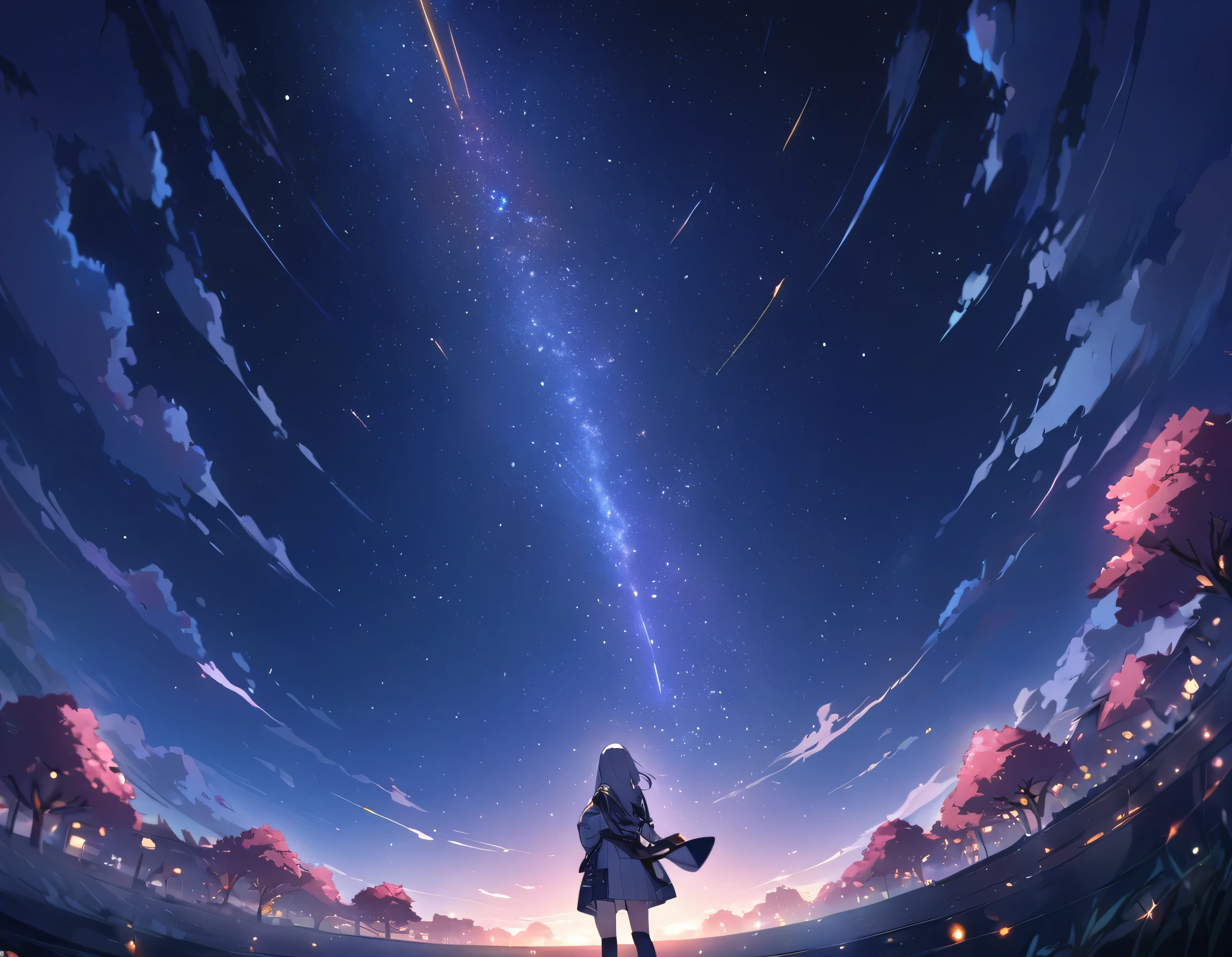 1 person、The fighting girl staring at the starry sky(zoom out:1.1)、(Meteors:1.2)、(comet:1.ur name、low angle、from behind、arrow meteor、military uniform、Cherry tree、The highest quality in the industry、masterpiece、Cloud、Colorful、starry sky、Star、night, it's foggy