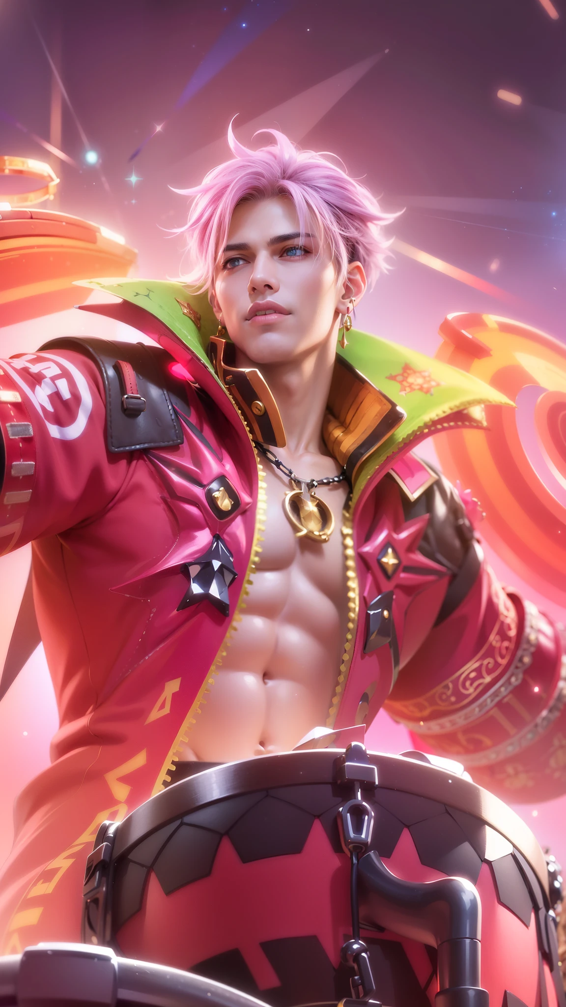 ((perfect eyes)) best quality, (semirealism:1.9), beautiful lighting, (extremely detailed CG unity 4k fhd wallpaper), High Detail, Sharp focus, dramatic outdoors, Handsome male, pink hair, short hair, detailed body, detailed hands, horns, loving, arrogant expression, blue eyes, roman nose, almond eyes, baggy T-shirt, grey shirt, blue denim jeans, giving a blue rose, cocky smirk, nightfall, starry sky, handsome, bushy brows, pointy ears, ear piercings, rings, 1 male, black coat, manly, dark skin, brown skin, charming, good quality, huge bulge in pants, headphone, smile