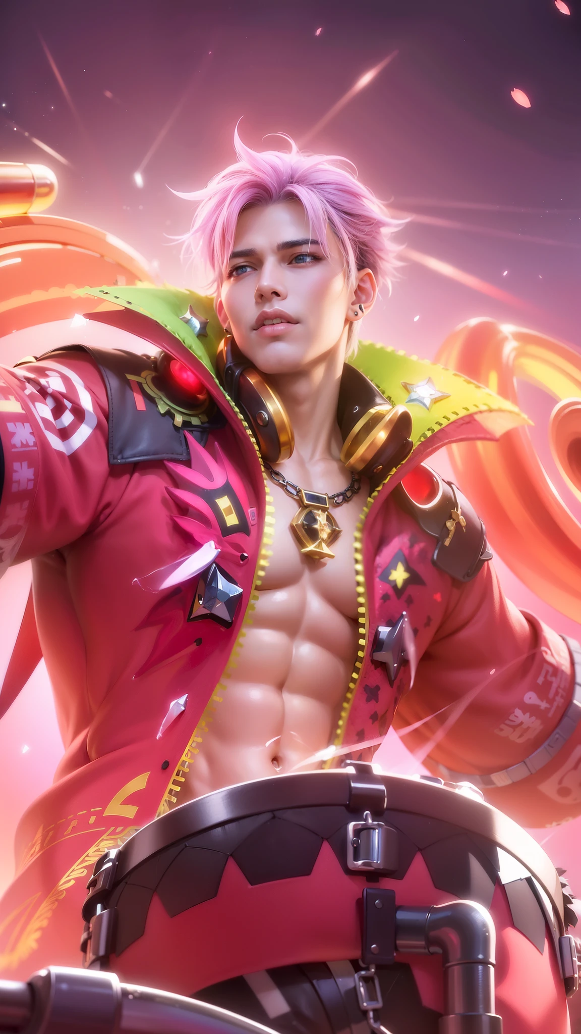 ((perfect eyes)) best quality, (semirealism:1.9), beautiful lighting, (extremely detailed CG unity 4k fhd wallpaper), High Detail, Sharp focus, dramatic outdoors, Handsome male, pink hair, short hair, detailed body, detailed hands, horns, loving, arrogant expression, blue eyes, roman nose, almond eyes, baggy T-shirt, grey shirt, blue denim jeans, giving a blue rose, cocky smirk, nightfall, starry sky, handsome, bushy brows, pointy ears, ear piercings, rings, 1 male, black coat, manly, dark skin, brown skin, charming, good quality, huge bulge in pants, headphone, smile