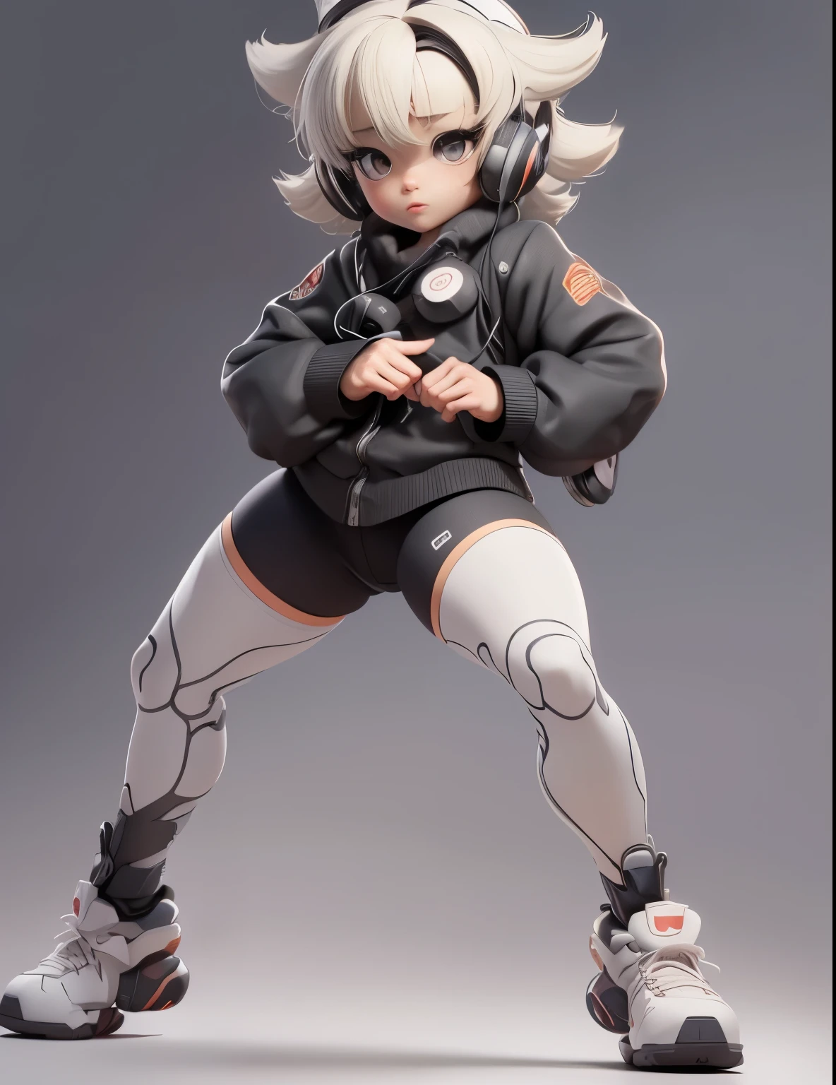 interesting，Realistic anime 3D style, Standing model ，Big bright eyes，Light-colored haine hair，Cool，Earphone。Motion capture。Detail and 8K resolution. Solid background pattern， (full bodyesbian, including legs: 1.5)