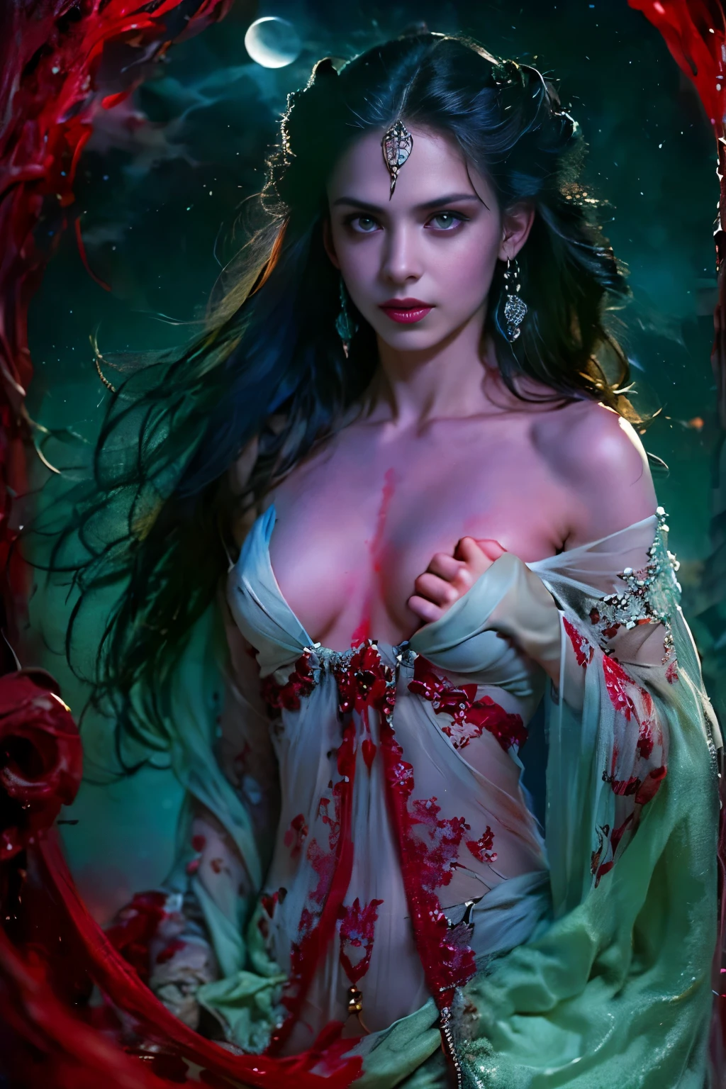(beautiful detailed red eyes:1.4), long dark eyelashes, pointed fangs, flowing black hair, elegant posture, pale skin, red lips, traditional Arabic dress, mysterious aura, ((moonlit night:1.3)), shadows, delicate jewelry, ancient ruins, intense gaze, hypnotic smile, vampire powers, supernatural strength, centuries-old wisdom, captivating beauty, hauntingly enchanting, alluring darkness, (blood-red moonlight:1.1), eternal youth, seductive charm, hidden secrets. (best quality, ultra-detailed, photorealistic:1.37), gothic, fantasy, dark color palette, dramatic lighting. (NSFW:1.4) beautiful small breasts, (Emma watson:0.3),(Jennifer connelly:0.24), (beautiful nipples:1.5),(She has white skin with visible blue veins:1.4),(Small breasts with beautifully raised areolas:1.5),(flat chest:1.2) (beautiful age nipples:1.5)