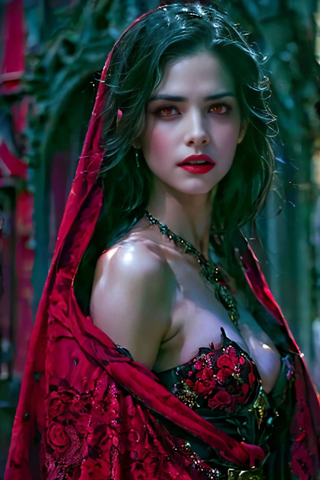 (beautiful detailed red eyes:1.4), long dark eyelashes, pointed fangs, flowing black hair, elegant posture, pale skin, red lips, traditional Arabic dress, mysterious aura, ((moonlit night:1.3)), shadows, delicate jewelry, ancient ruins, intense gaze, hypnotic smile, vampire powers, supernatural strength, centuries-old wisdom, captivating beauty, hauntingly enchanting, alluring darkness, (blood-red moonlight:1.1), eternal youth, seductive charm, hidden secrets. (best quality, ultra-detailed, photorealistic:1.37), gothic, fantasy, dark color palette, dramatic lighting. (NSFW:1.4) beautiful small breasts, (Emma watson:0.3),(Jennifer connelly:0.24), (beautiful nipples:1.5),(She has white skin with visible blue veins:1.4),(Small breasts with beautifully raised areolas:1.5),(flat chest:1.2) (beautiful age nipples:1.5)　　