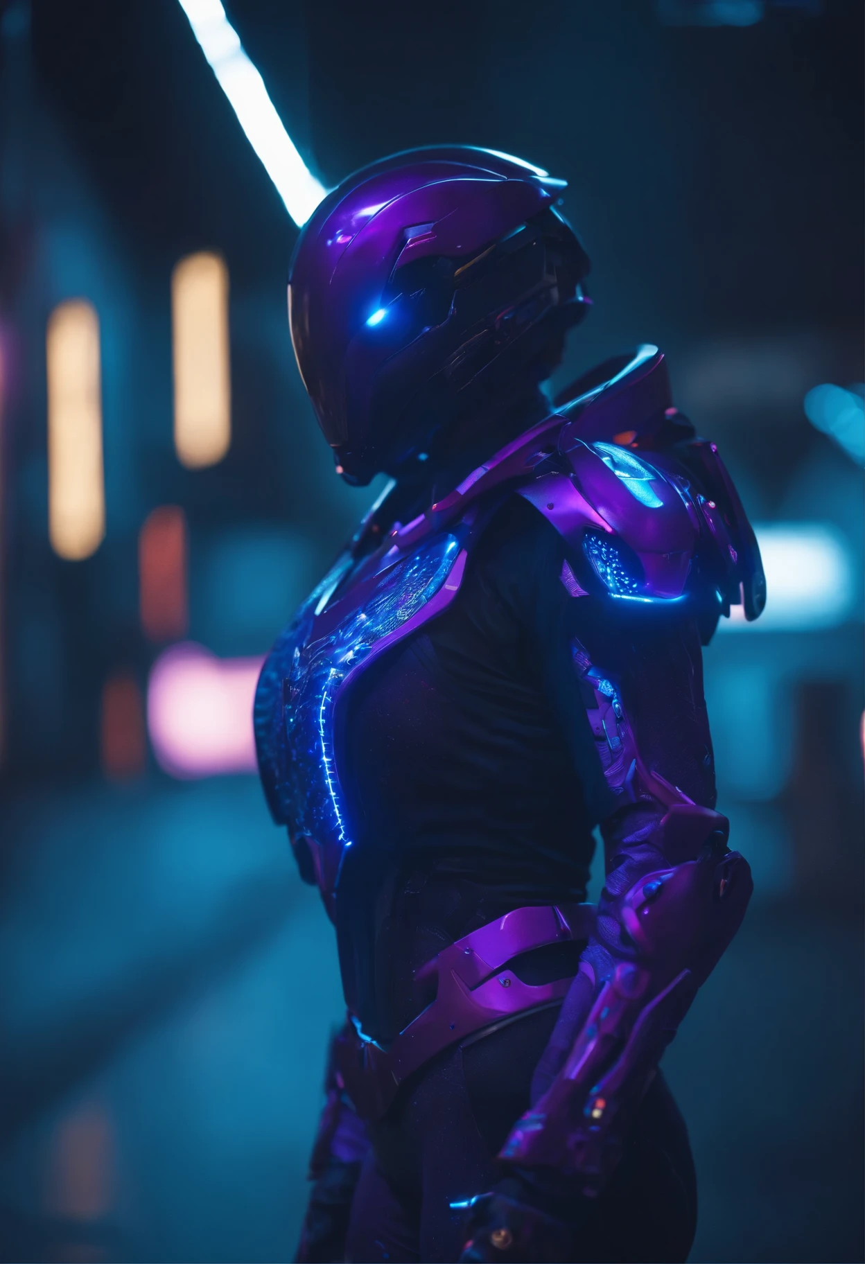 uma foto de 8k ultra realista cyberpunk , corpo inteiro, intricate purple and blue neon armor, ornamentado, cinematic lighting, trend on Artstation, 4k, hiperrealista, focado, detalhes altos, motor irreal 5, cinematic