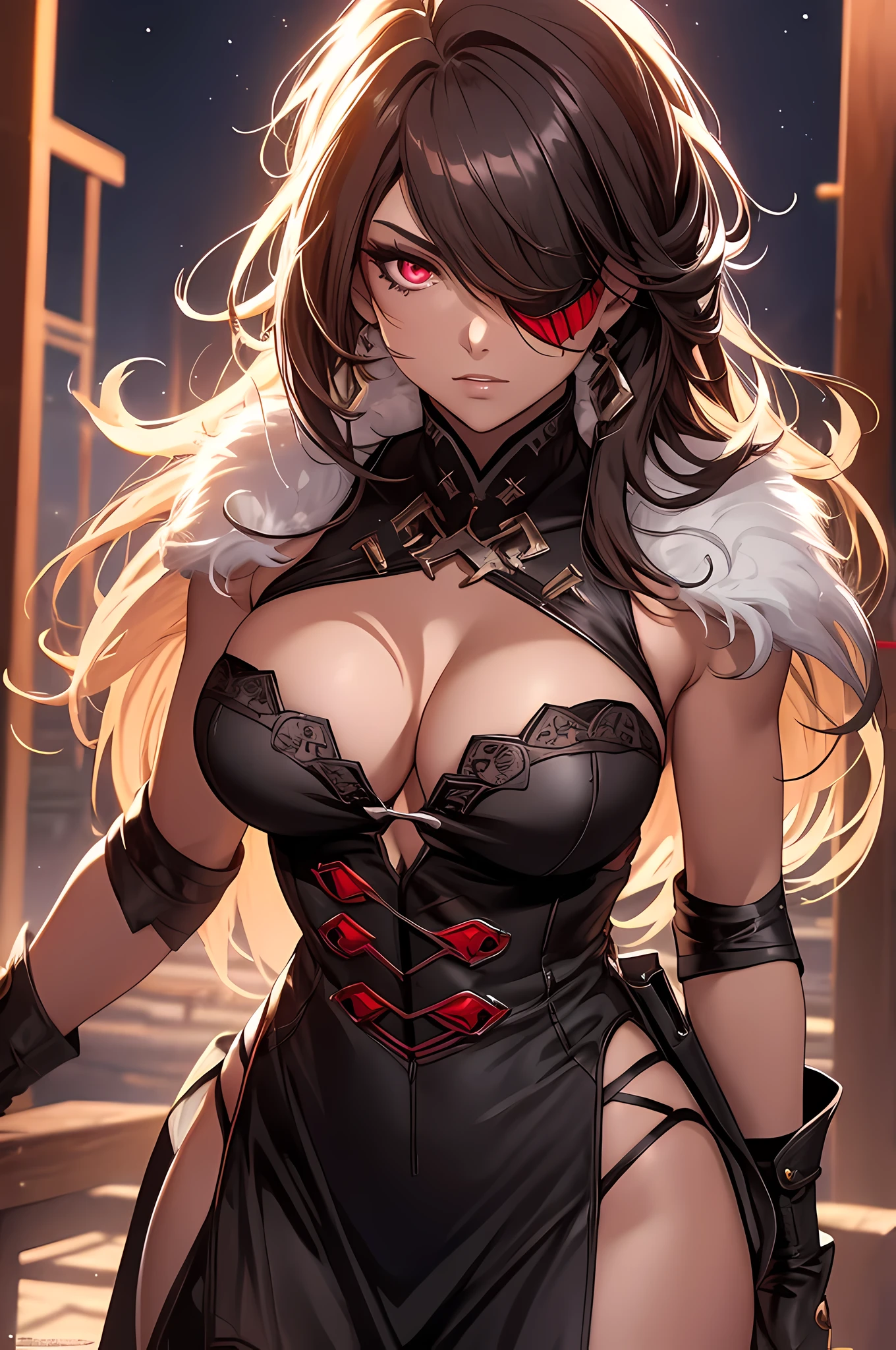 16K, RTX, HDR, extremely high details, intricate, professional makeup, cowboy shot, best quality, masterpiece, night time, 1woman, solo, mature, cool, confident , muscular, NSFW, clear red glowing eyes,  long hair, red eye patch, smooth skin, cleavage, ((extremely slutty)).