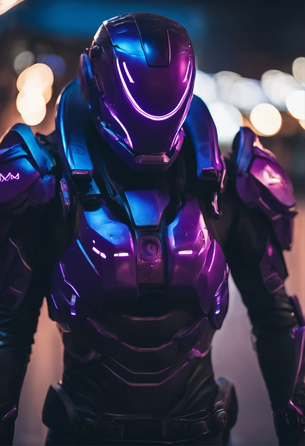 uma foto de 8k ultra realista cyberpunk , corpo inteiro, intricate purple and blue neon armor, ornamentado, cinematic lighting, trend on Artstation, 4k, hiperrealista, focado, detalhes altos, motor irreal 5, cinematic