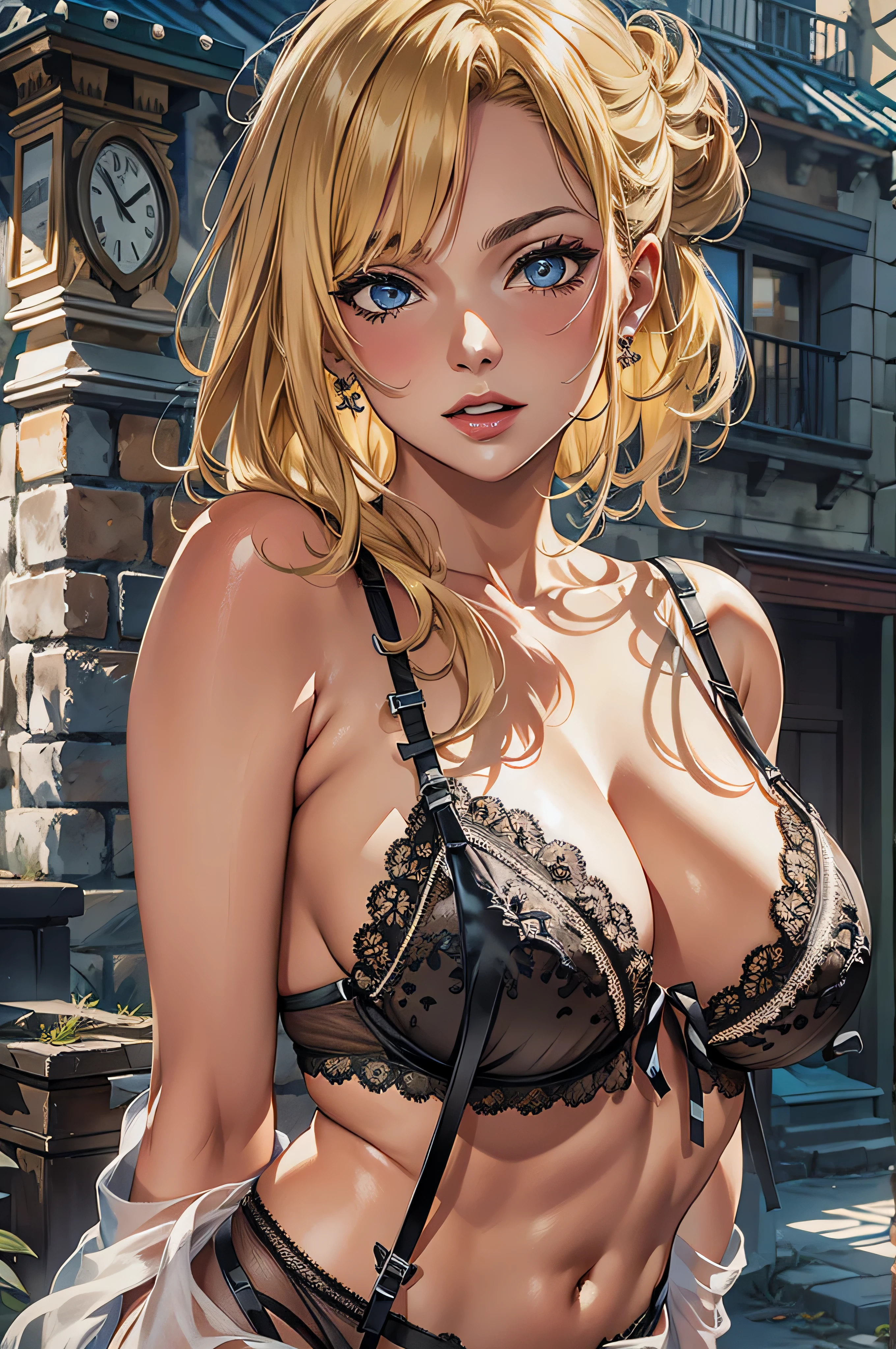 absurd, 8K, high resolution, ultra detailed, beautiful, masterpiece, best quality, very pretty woman, young, (black lingerie:1.6), sexy, (very large breasts:1.4), Detailed woman's face, annieaot, (blonde hair:1.4)