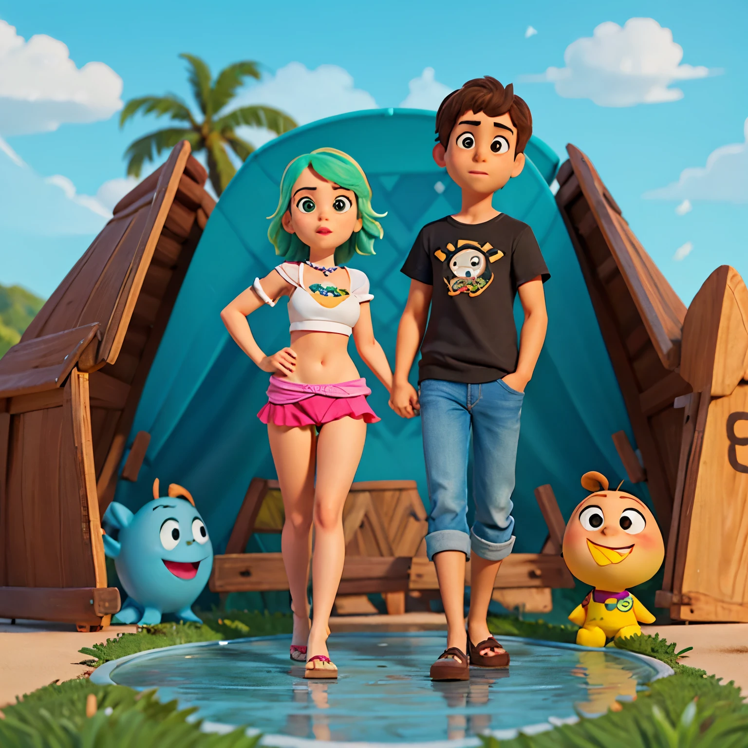 Casal, parado de costas para praia, imagem de perfil, obra-prima, estilo disney pixar desenhos. mulher olhos verdes, Pink lips, cabelo loiro, Holding the black bikini strap. Homem negro alto, tatuagens no peitoral, sem camiseta, barba, brown eyes with his arm behind his girlfriend. Disney Pixar style animations